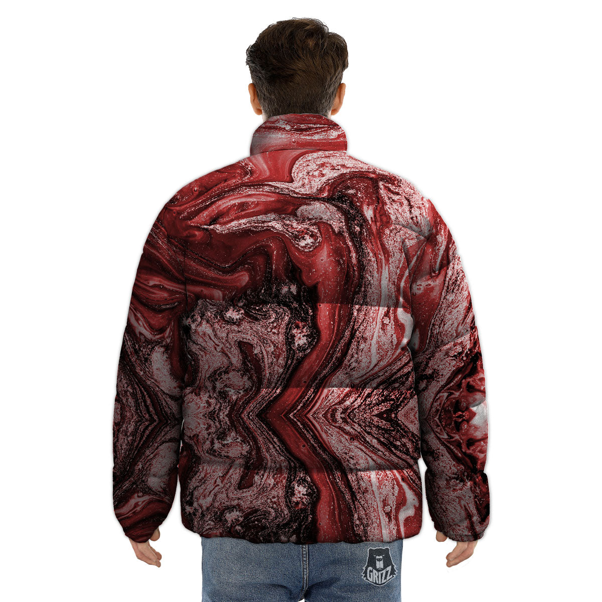 Marble Red Print Pattern Puffer Jacket-grizzshop