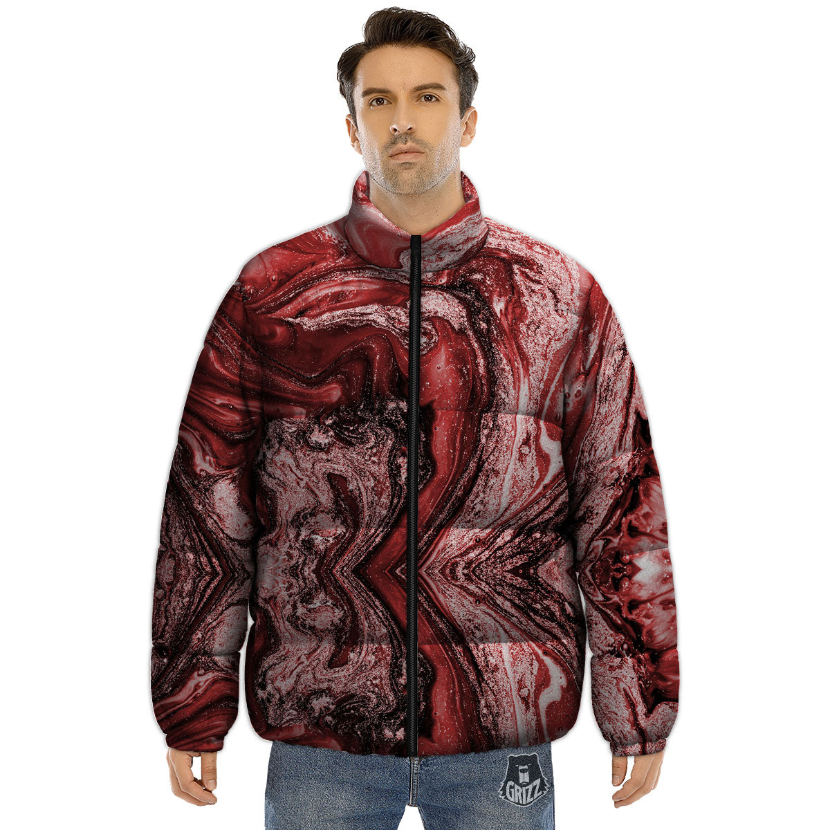 Marble Red Print Pattern Puffer Jacket-grizzshop