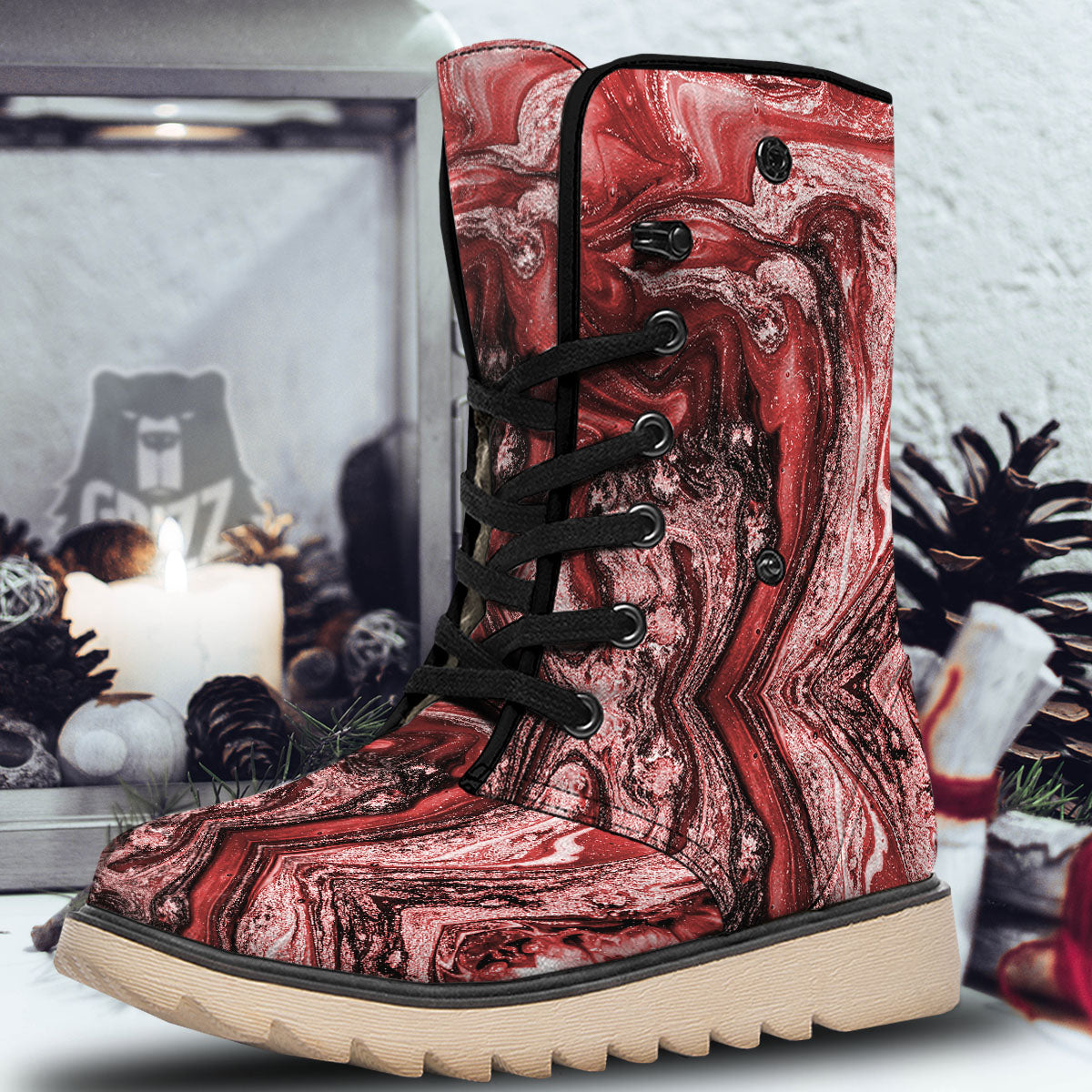 Marble Red Print Pattern Snow Boots-grizzshop