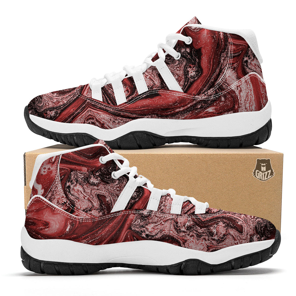 Marble Red Print Pattern White Bball Shoes-grizzshop