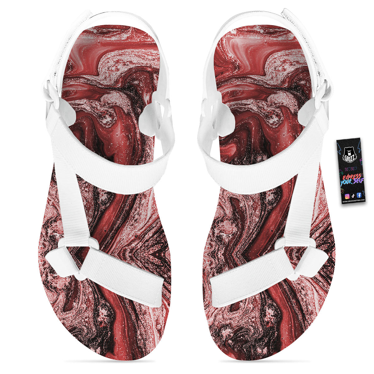 Marble Red Print Pattern White Open Toe Sandals-grizzshop