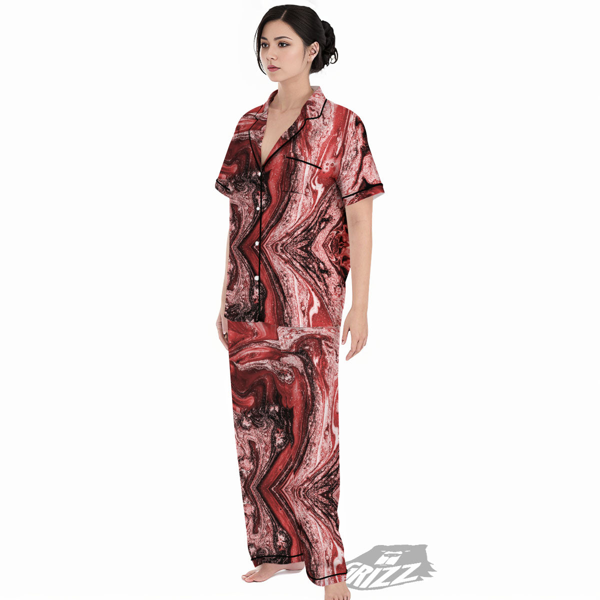 Marble Red Print Pattern Women's Pajamas Set-grizzshop