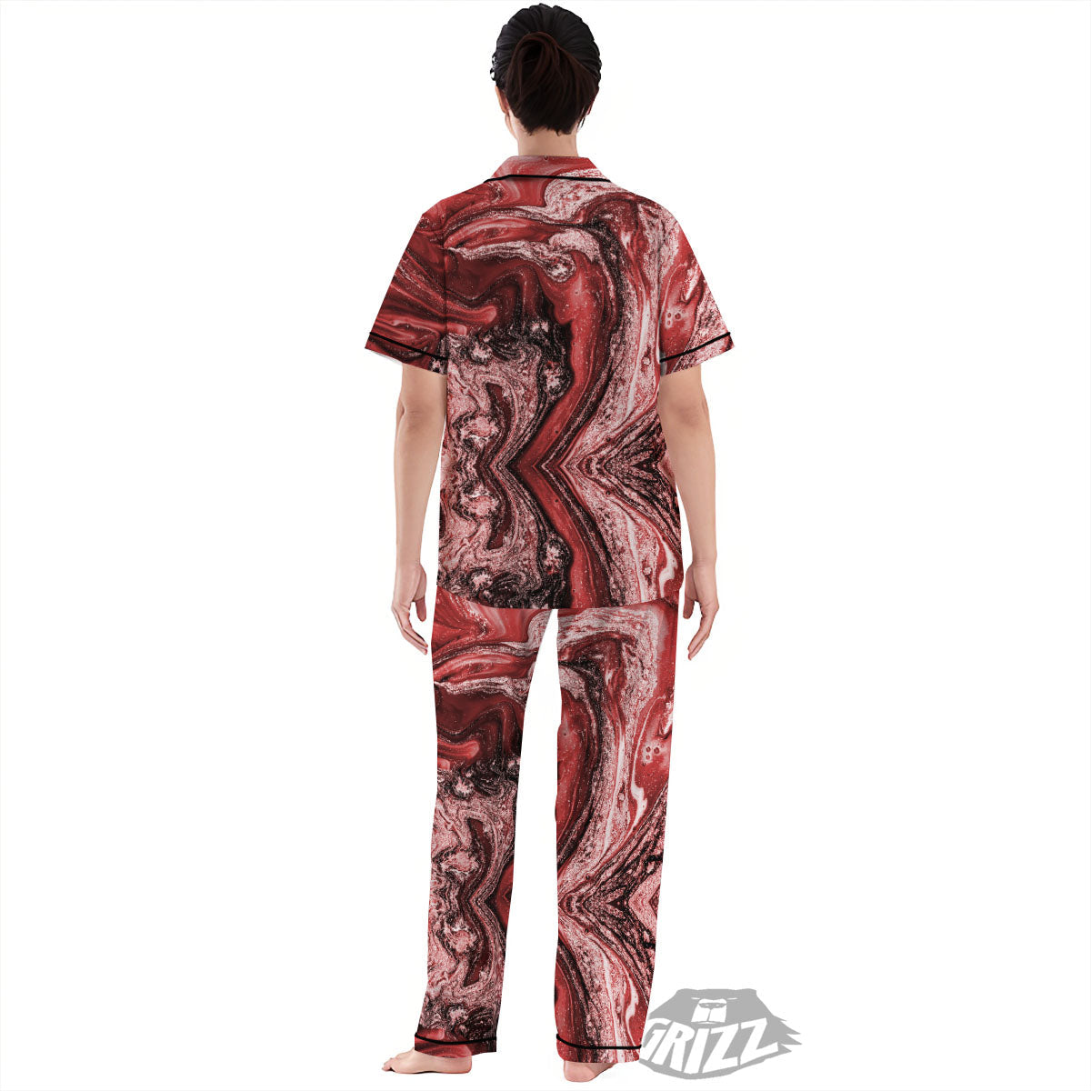 Marble Red Print Pattern Women's Pajamas Set-grizzshop