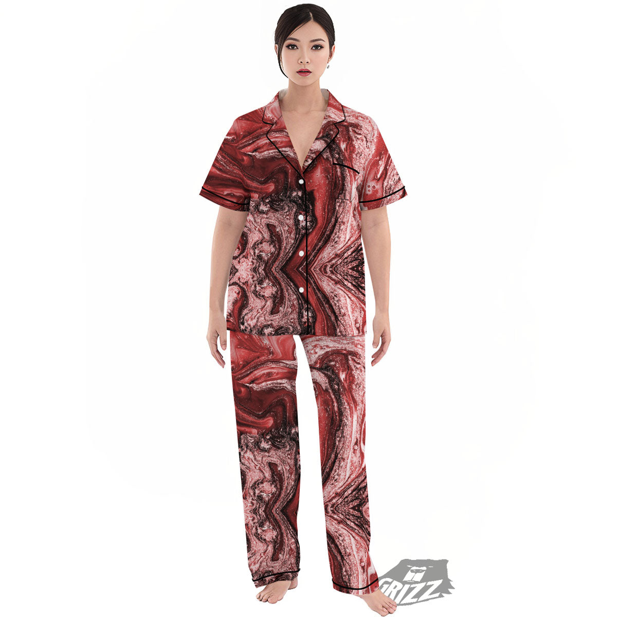 Marble Red Print Pattern Women's Pajamas Set-grizzshop