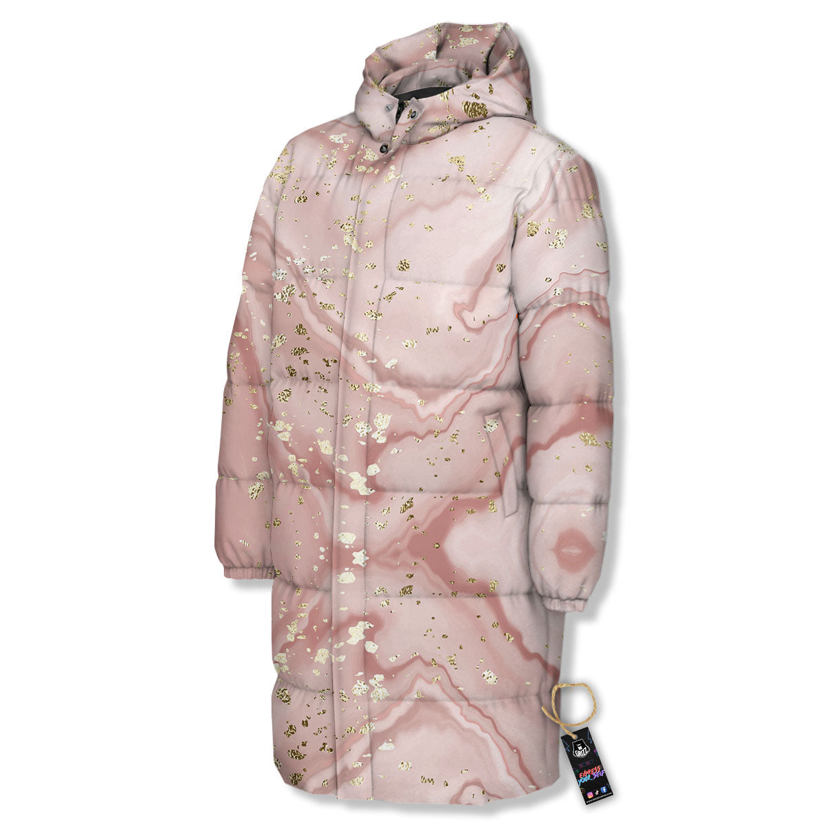 Marble Rose Pink Print Pattern Long Down Jacket-grizzshop