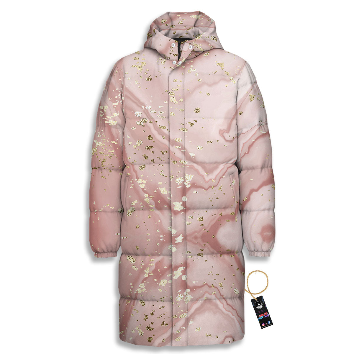 Marble Rose Pink Print Pattern Long Down Jacket-grizzshop