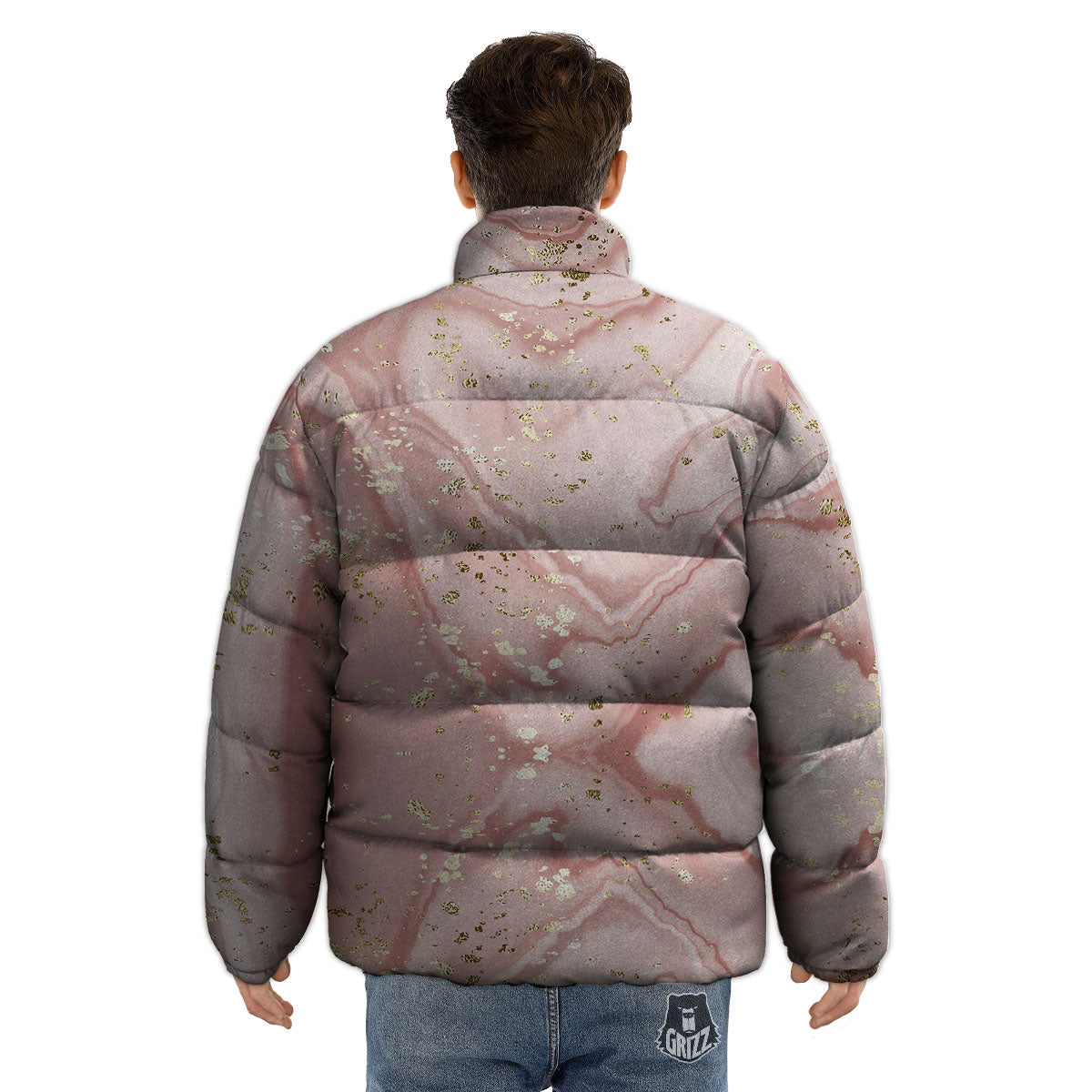 Marble Rose Pink Print Pattern Puffer Jacket-grizzshop