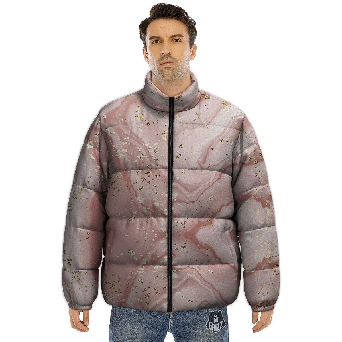 Marble Rose Pink Print Pattern Puffer Jacket-grizzshop