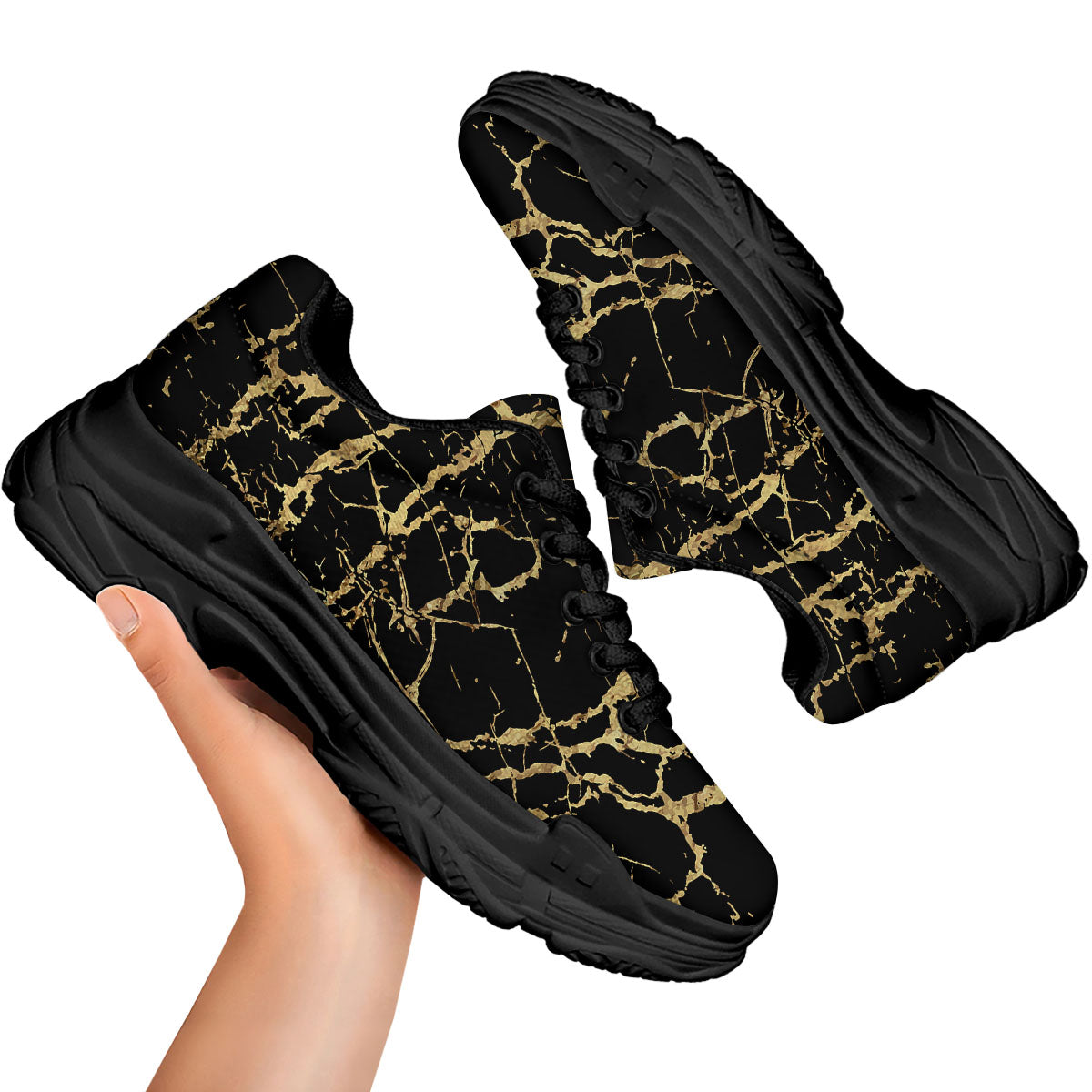 Marble Scratch Black Gold Print Marble Black Chunky Shoes-grizzshop