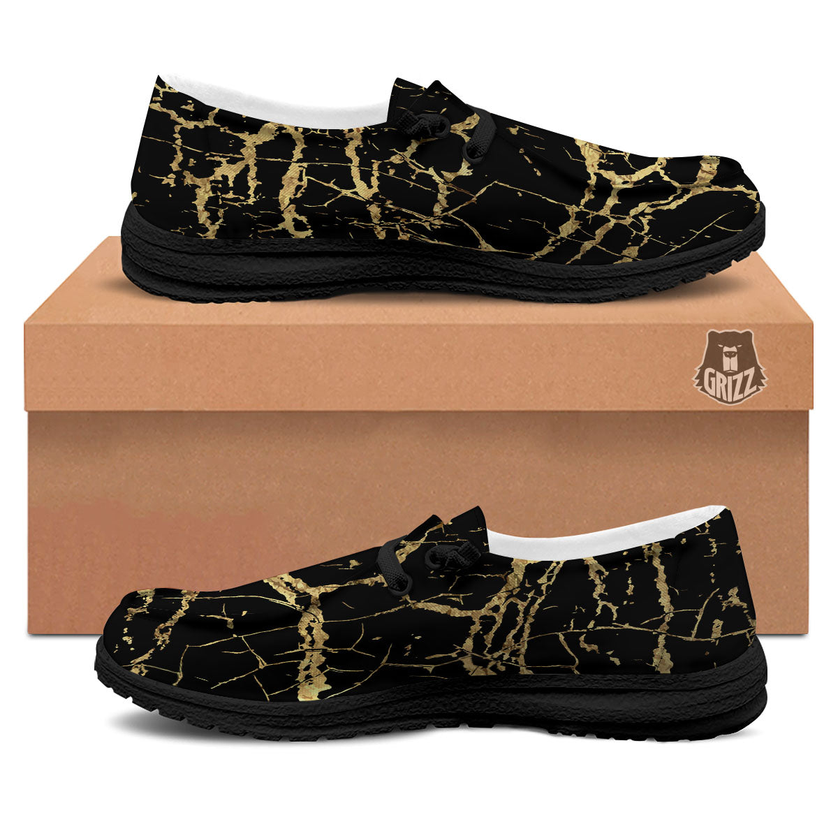 Marble Scratch Black Gold Print Marble Black Loafers-grizzshop