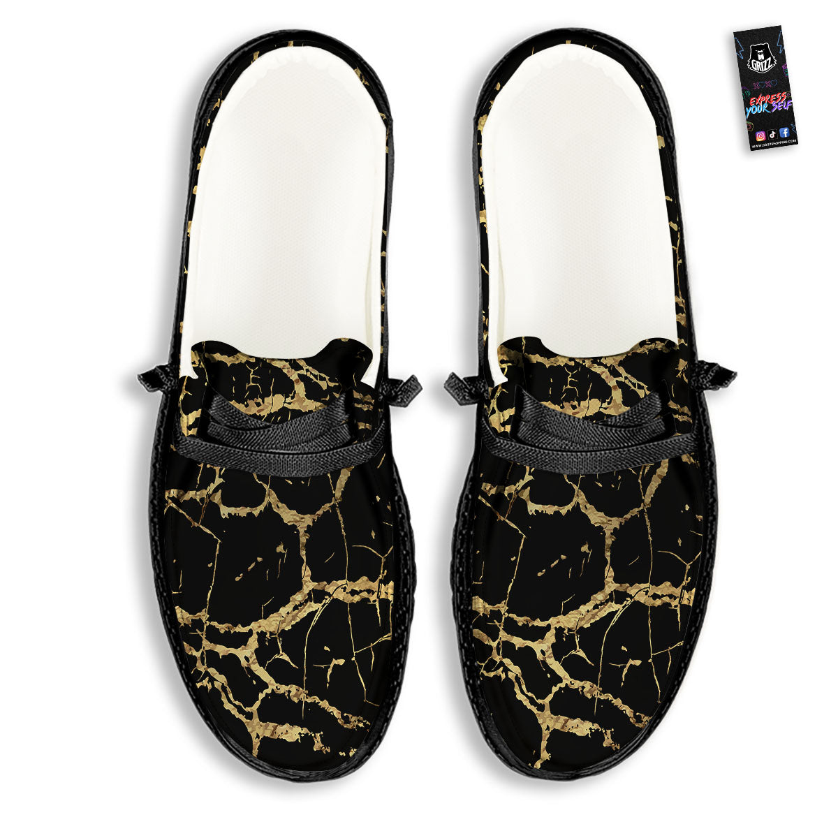 Marble Scratch Black Gold Print Marble Black Loafers-grizzshop