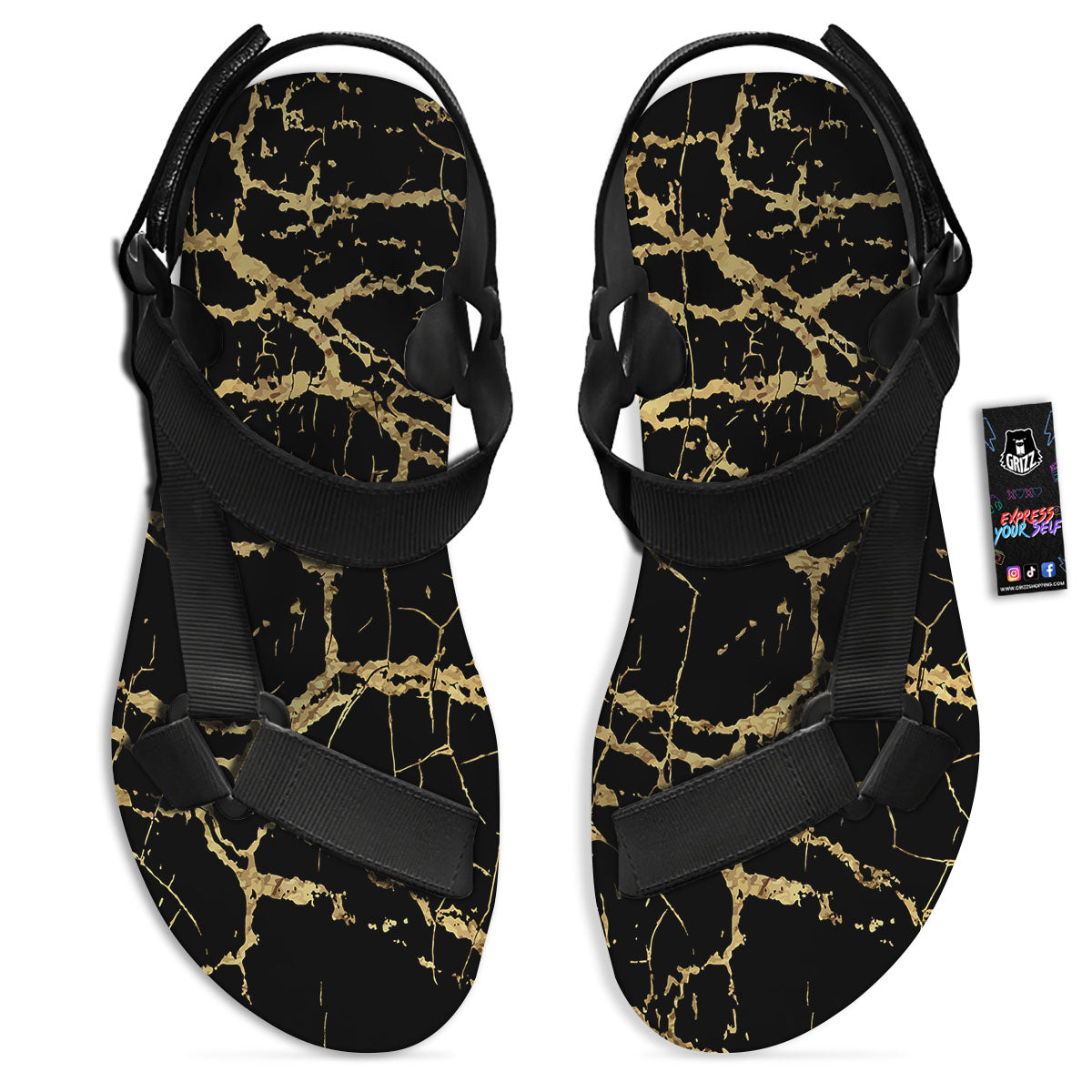 Marble Scratch Black Gold Print Marble Black Open Toe Sandals-grizzshop