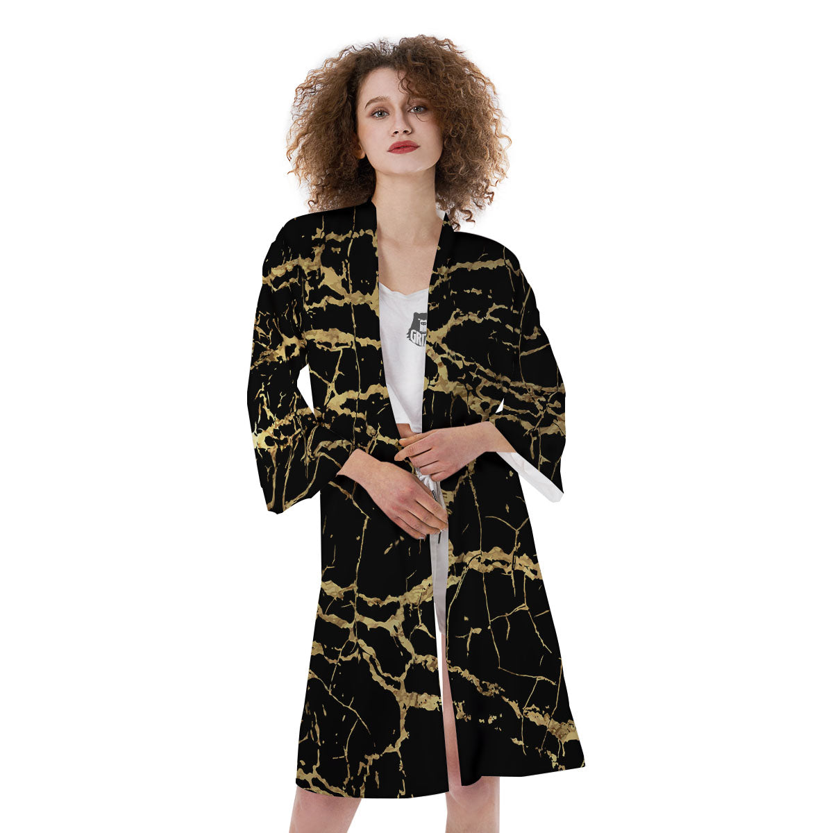 Marble Scratch Black Gold Print Marble Kimono-grizzshop