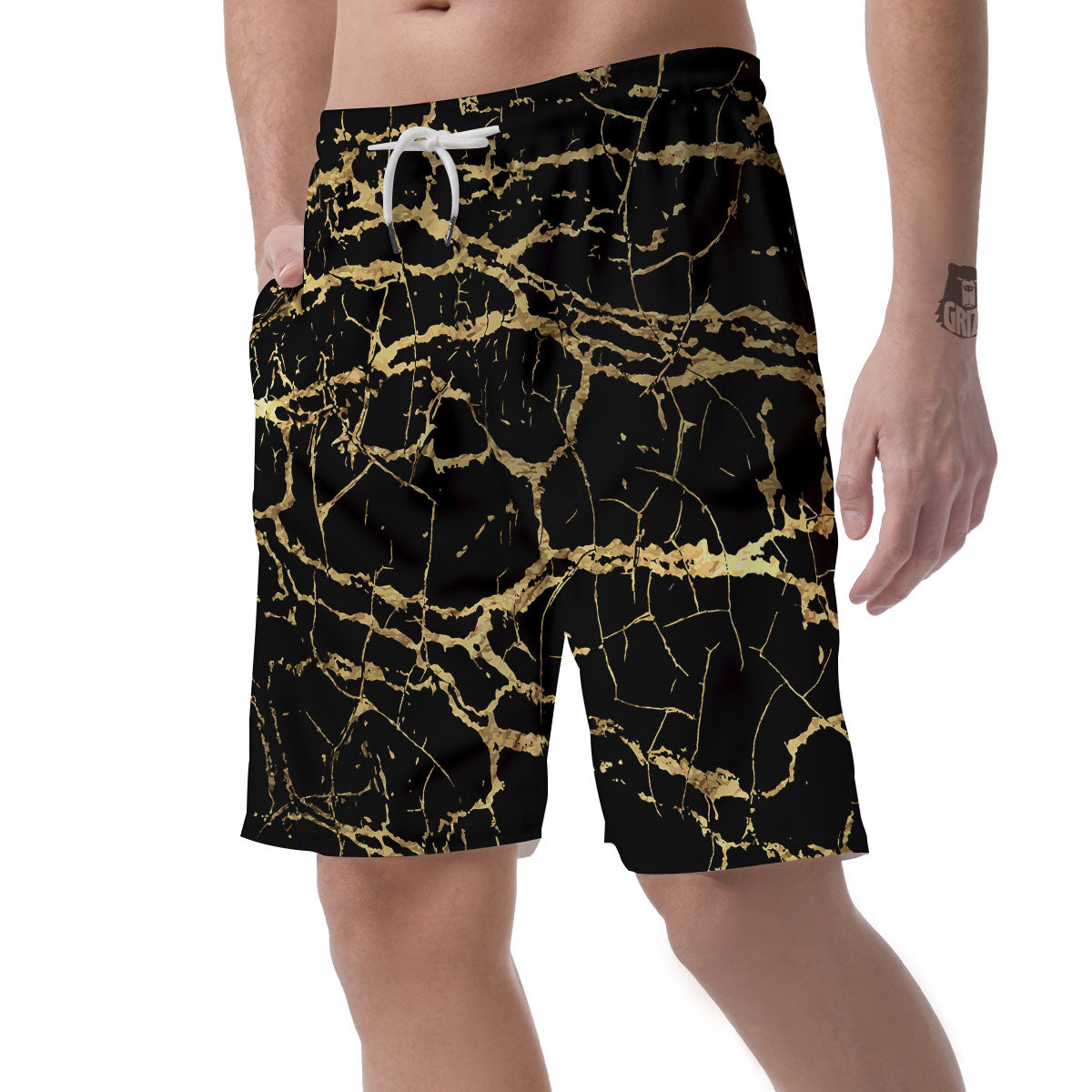 Marble Scratch Black Gold Print Marble Men's Shorts-grizzshop