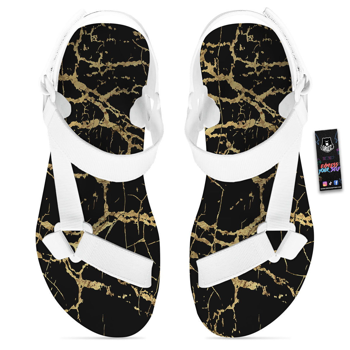Marble Scratch Black Gold Print Marble White Open Toe Sandals-grizzshop