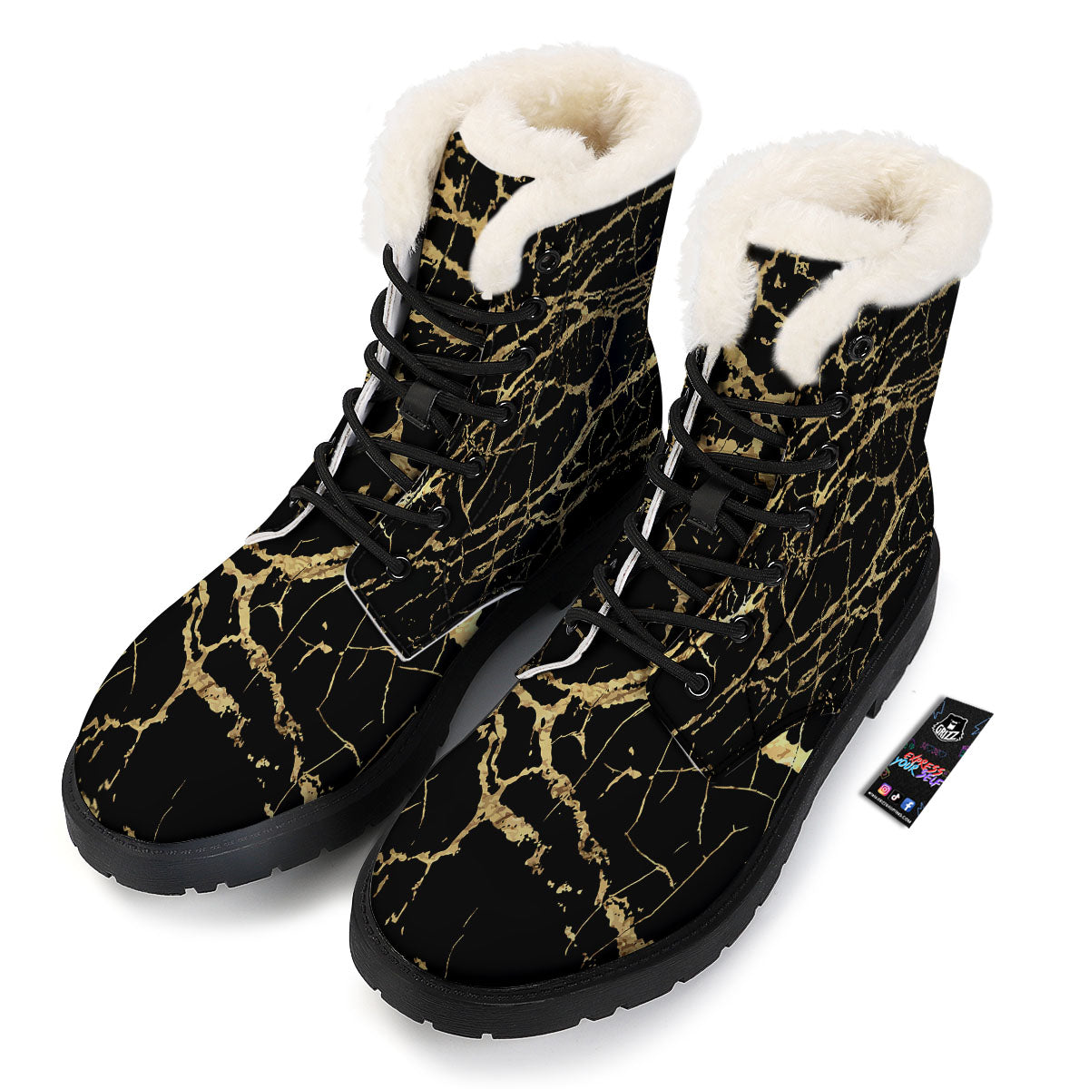Marble Scratch Black Gold Print Marble Winter Boots-grizzshop