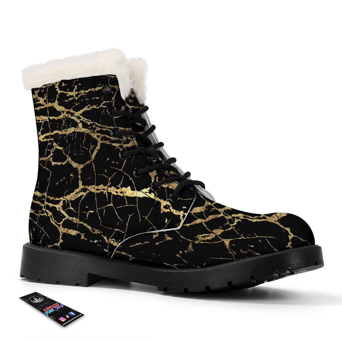 Marble Scratch Black Gold Print Marble Winter Boots-grizzshop