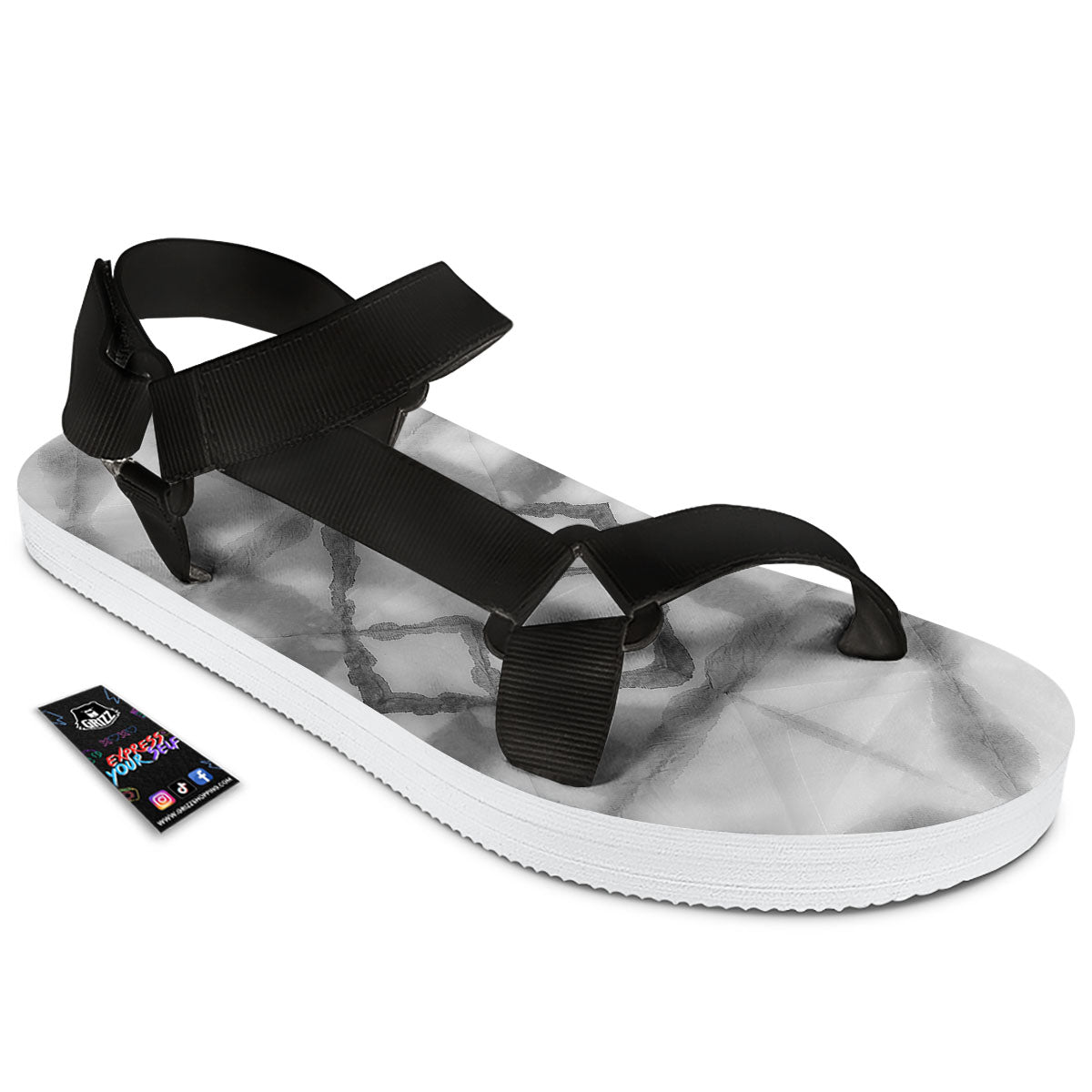 Marble Silver Grey Print Pattern Black Open Toe Sandals-grizzshop