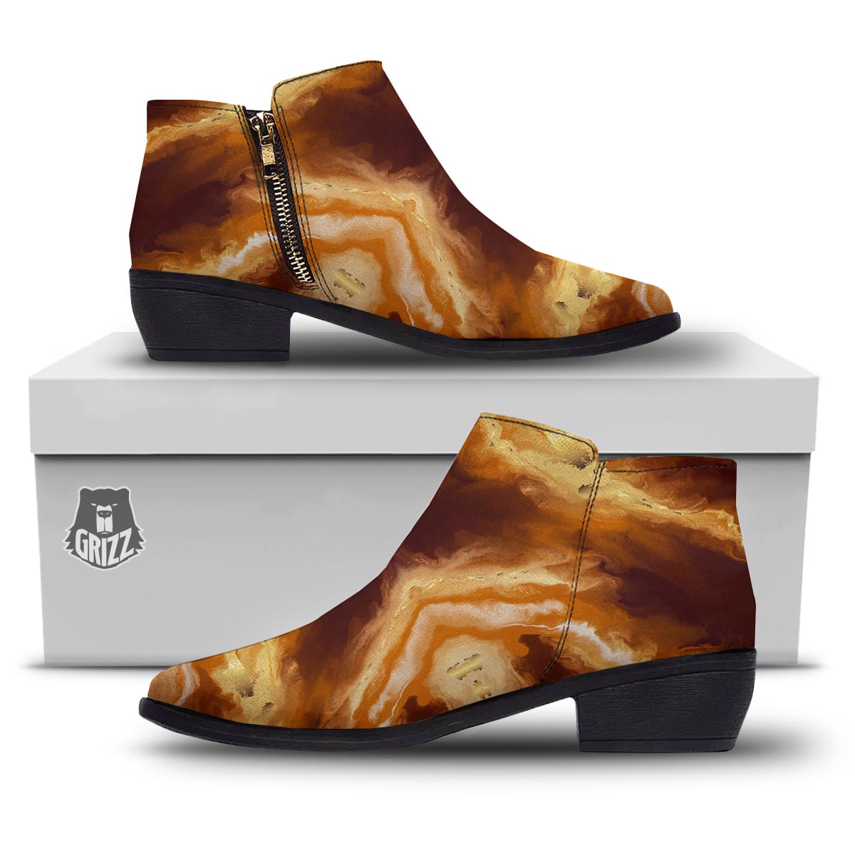 Marble Sugar Brown Print Pattern Ankle Boots-grizzshop