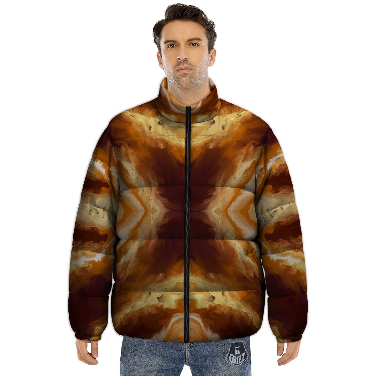Marble Sugar Brown Print Pattern Puffer Jacket-grizzshop