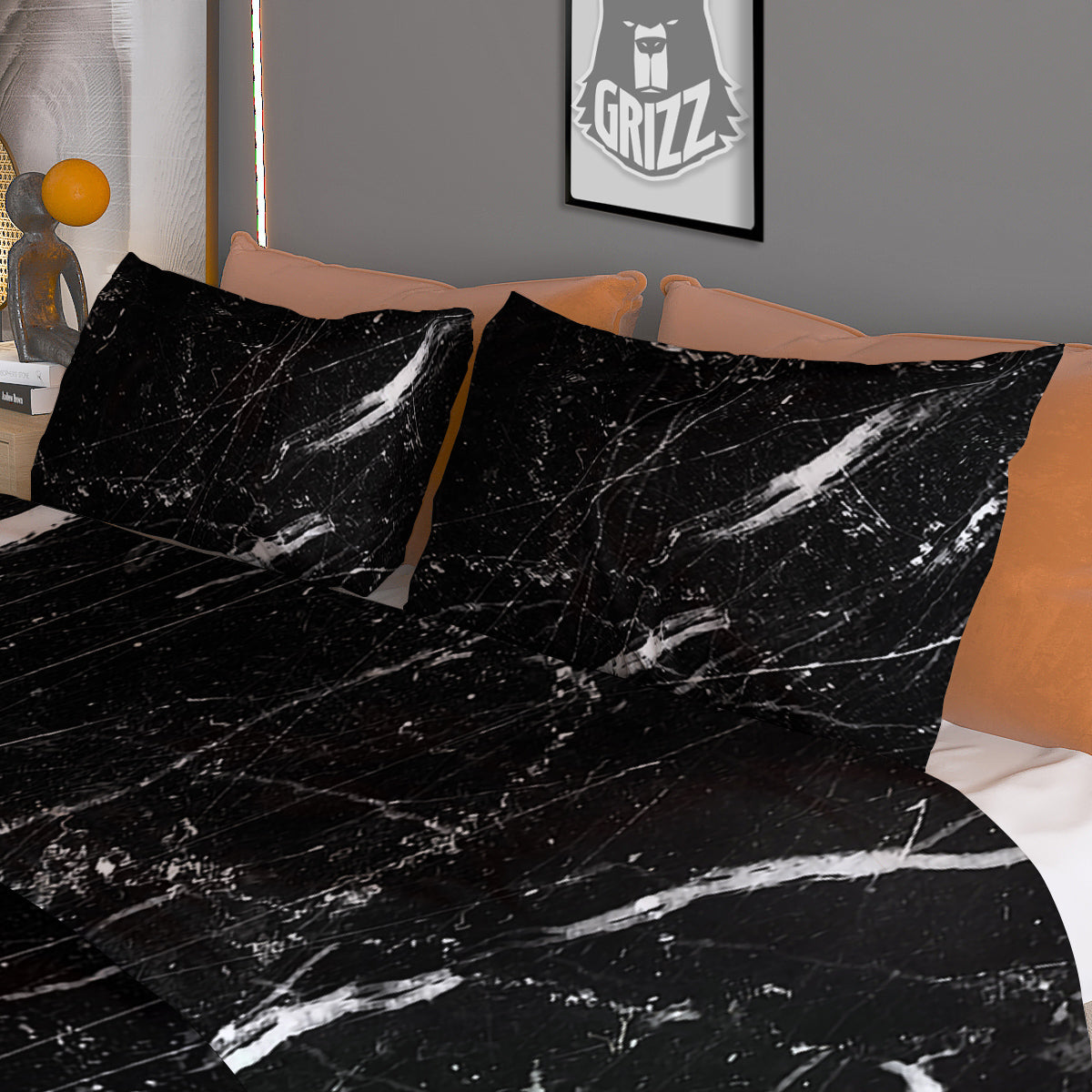 Marble White Dark Grey Print Duvet Cover Bedding Set