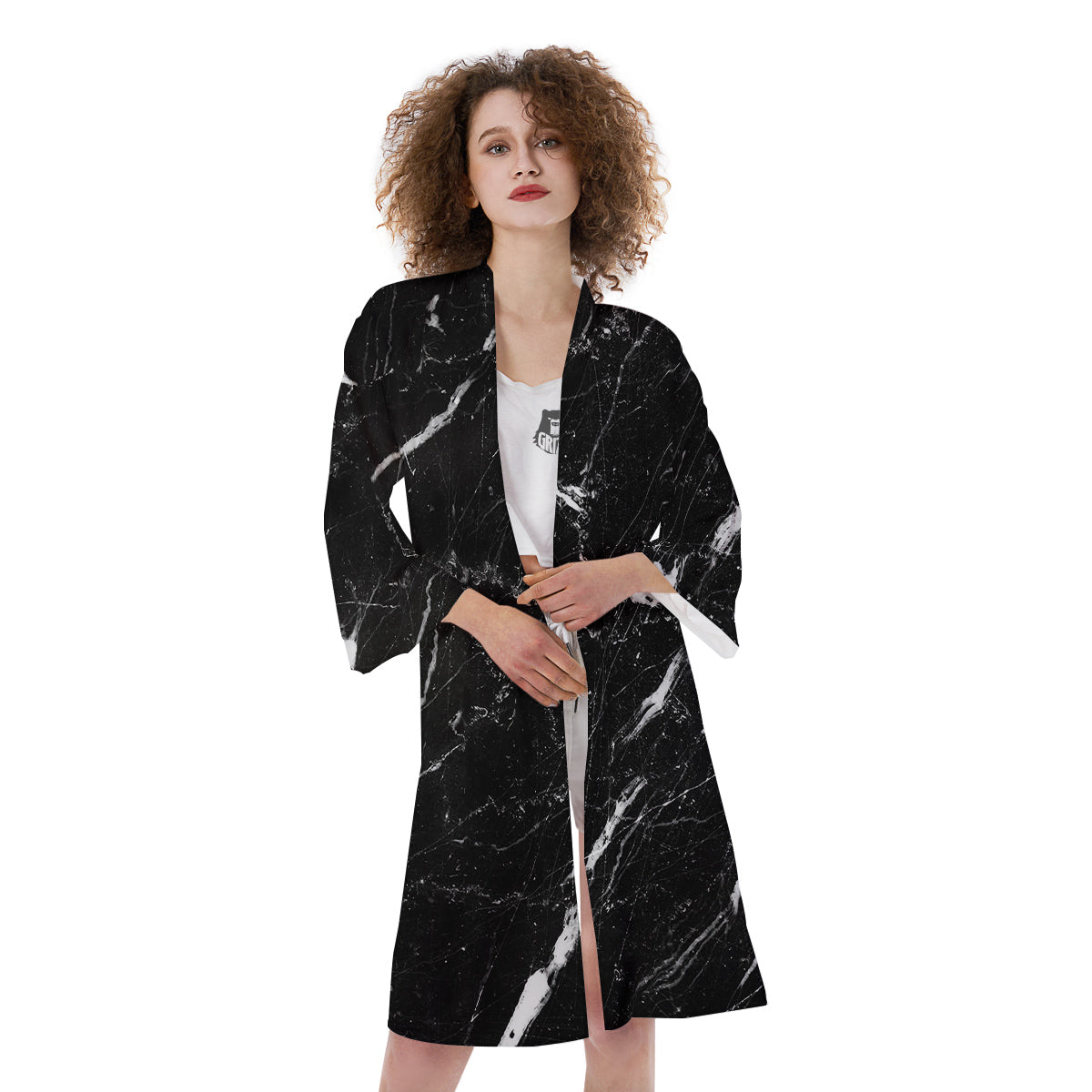 Marble White Dark Grey Print Kimono-grizzshop