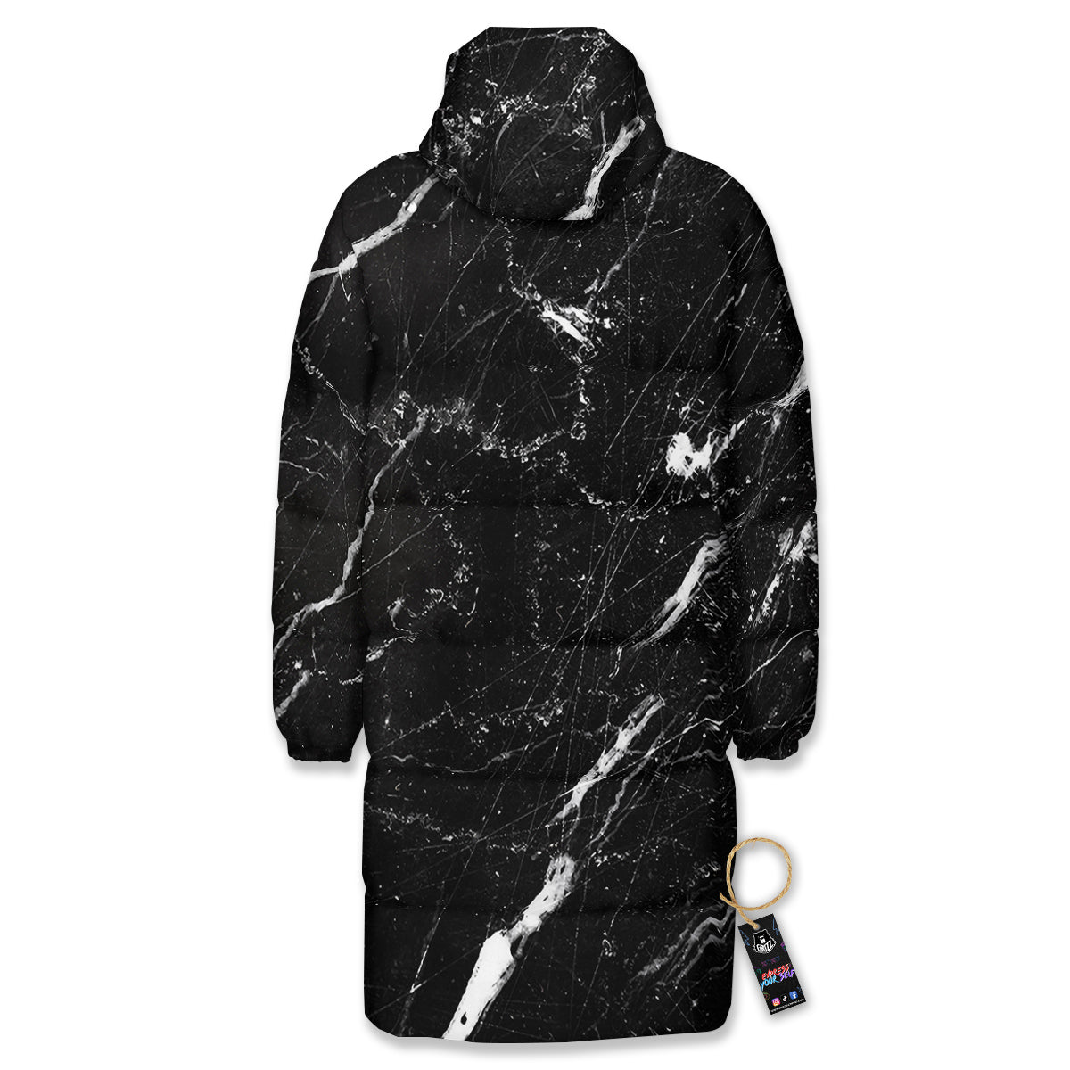 Marble White Dark Grey Print Long Down Jacket-grizzshop