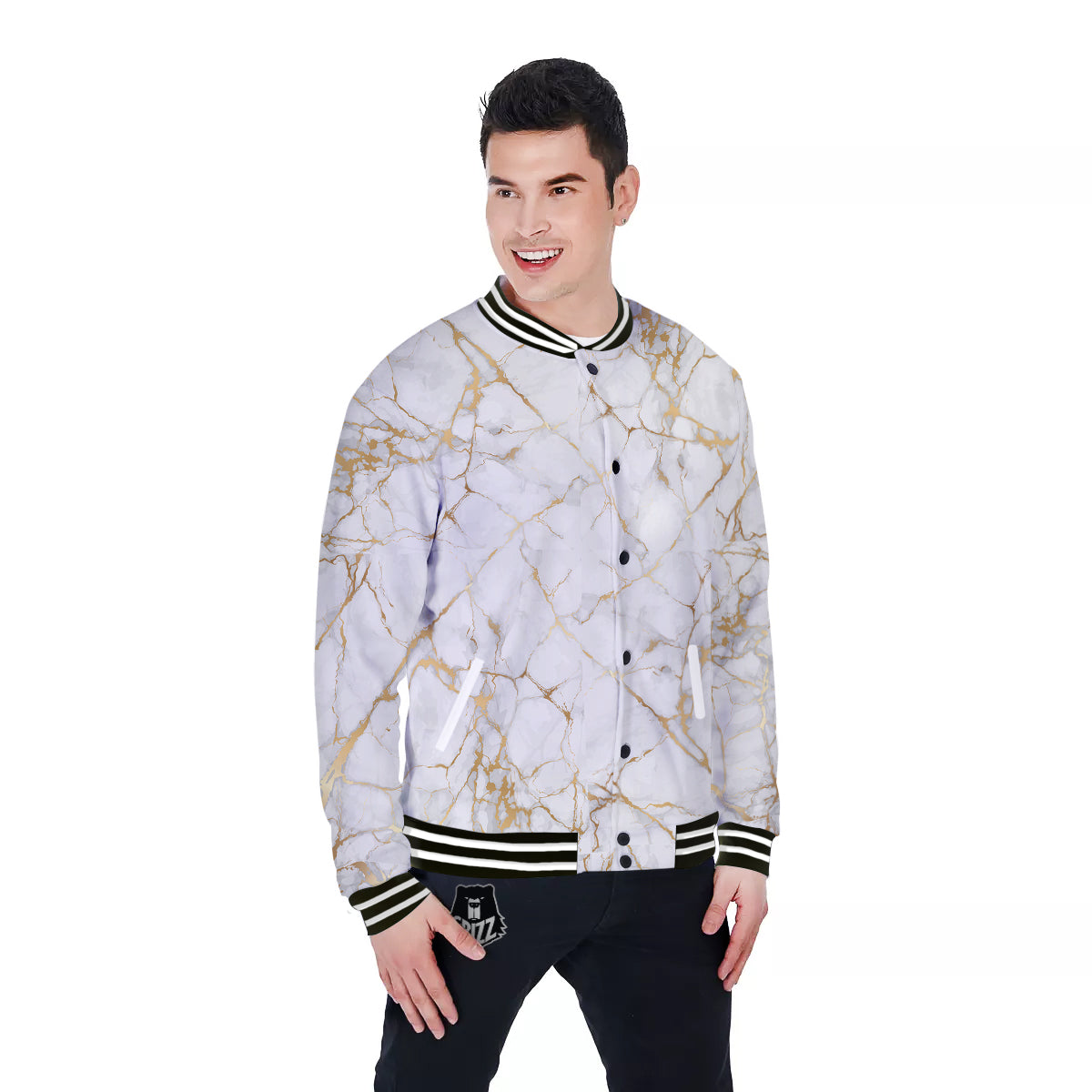 Marble White Gold Print Pattern Baseball Jacket-grizzshop