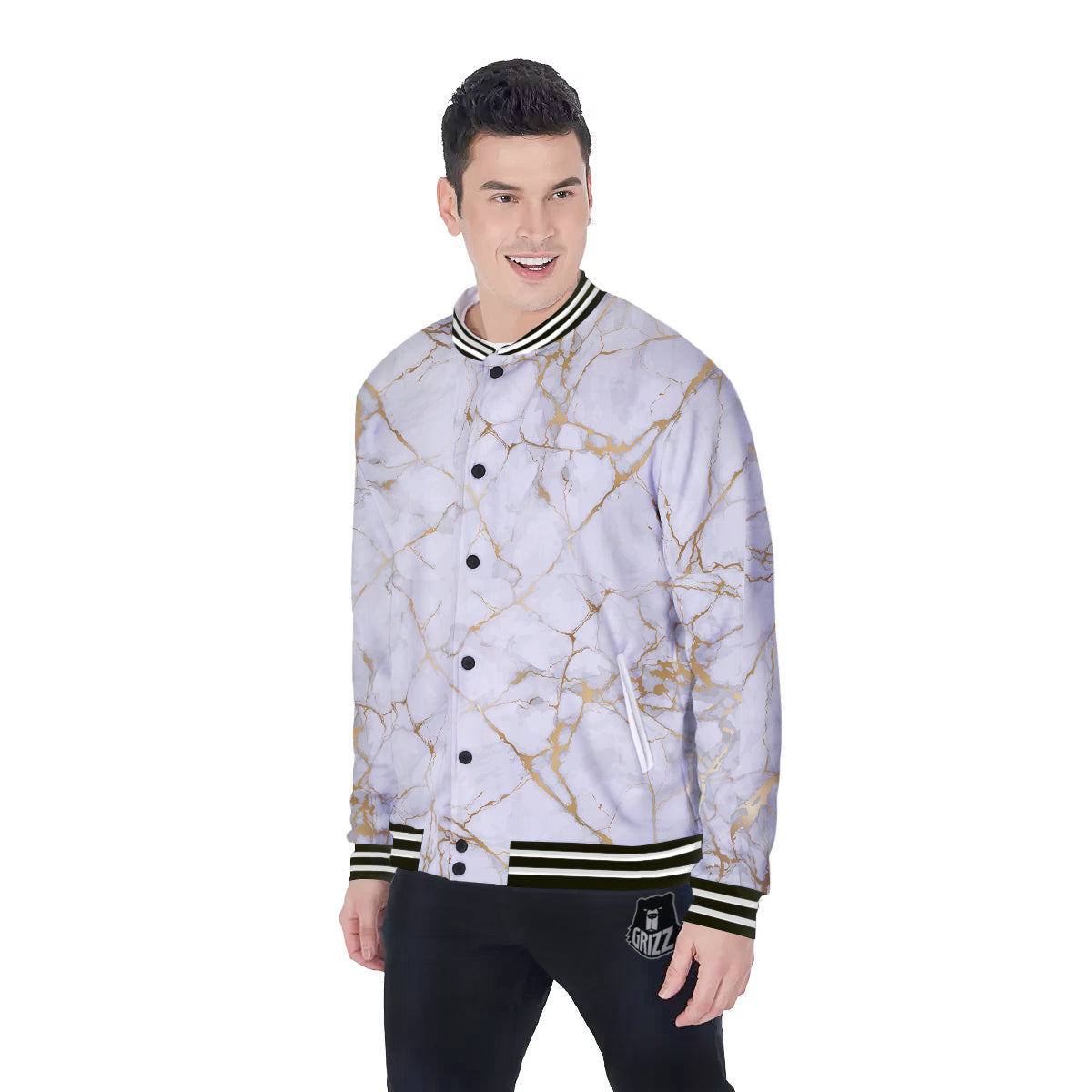 Marble White Gold Print Pattern Baseball Jacket-grizzshop
