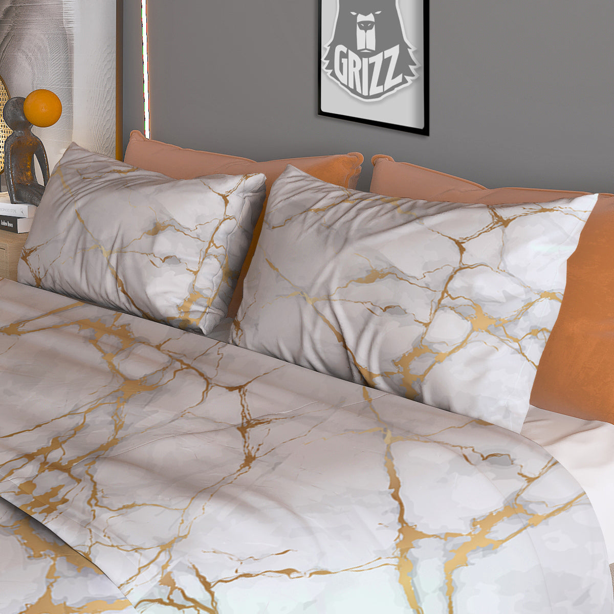Marble White Gold Print Pattern Duvet Cover Bedding Set