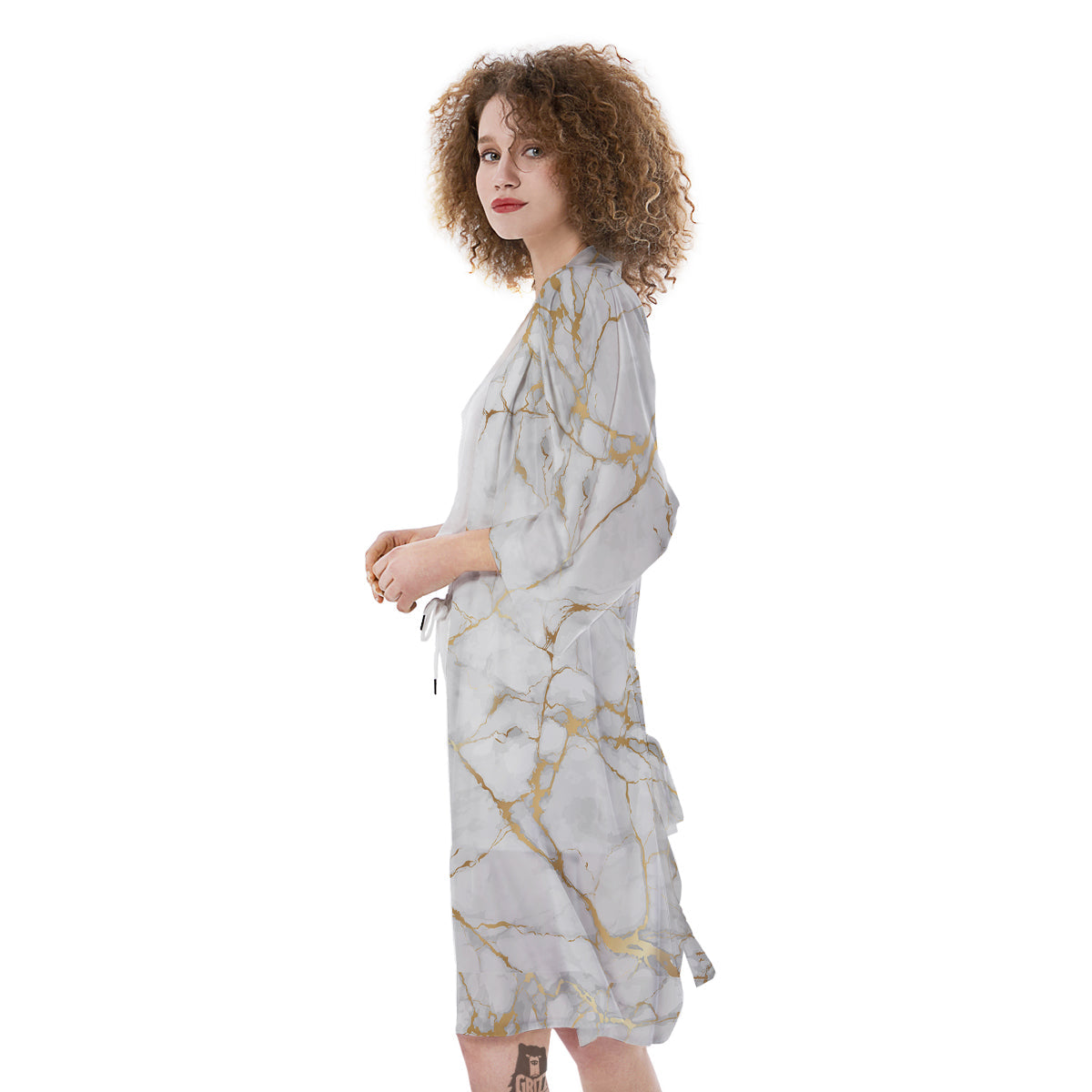 Marble White Gold Print Pattern Kimono-grizzshop