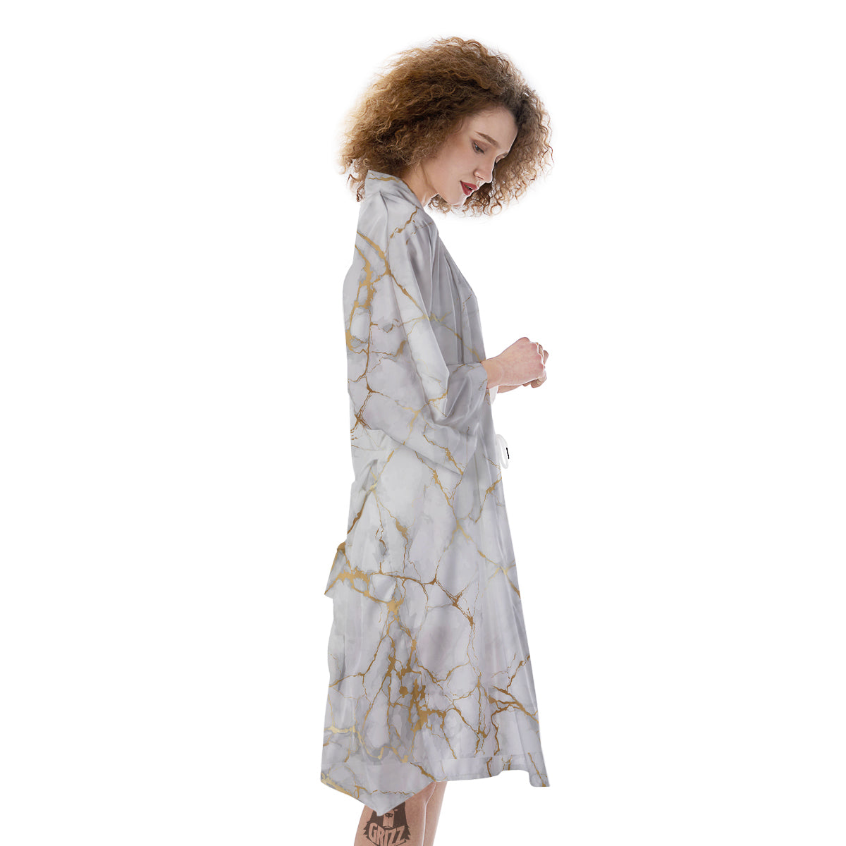Marble White Gold Print Pattern Kimono-grizzshop