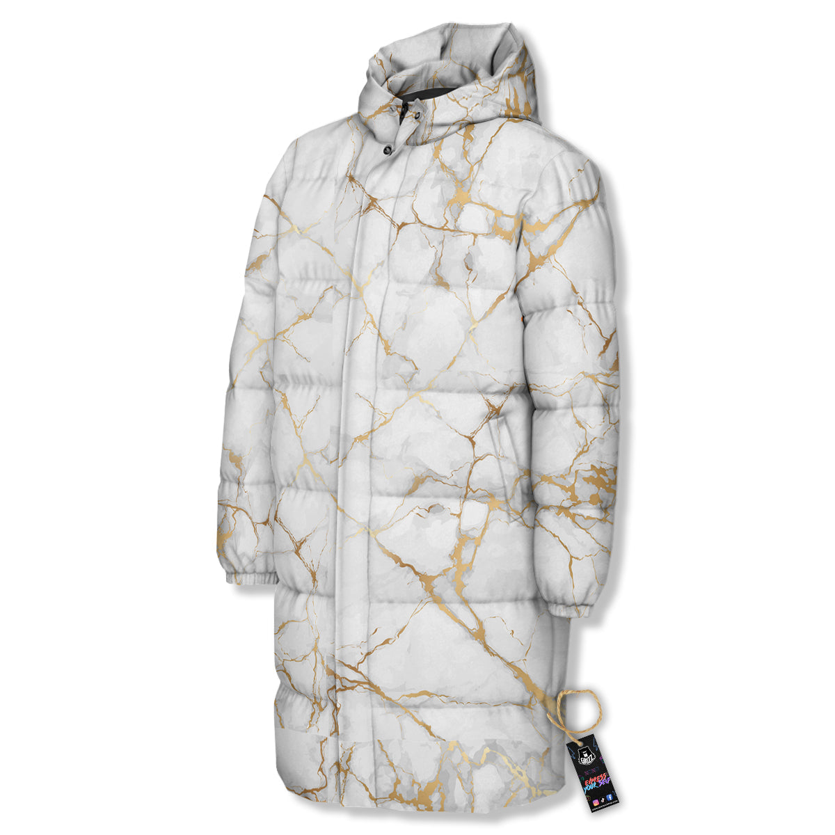 Marble White Gold Print Pattern Long Down Jacket-grizzshop