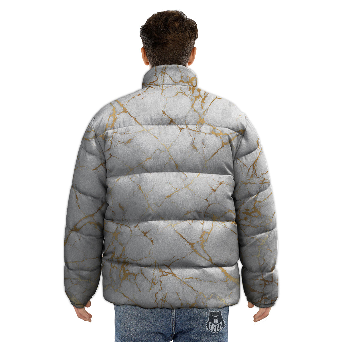 Marble White Gold Print Pattern Puffer Jacket-grizzshop