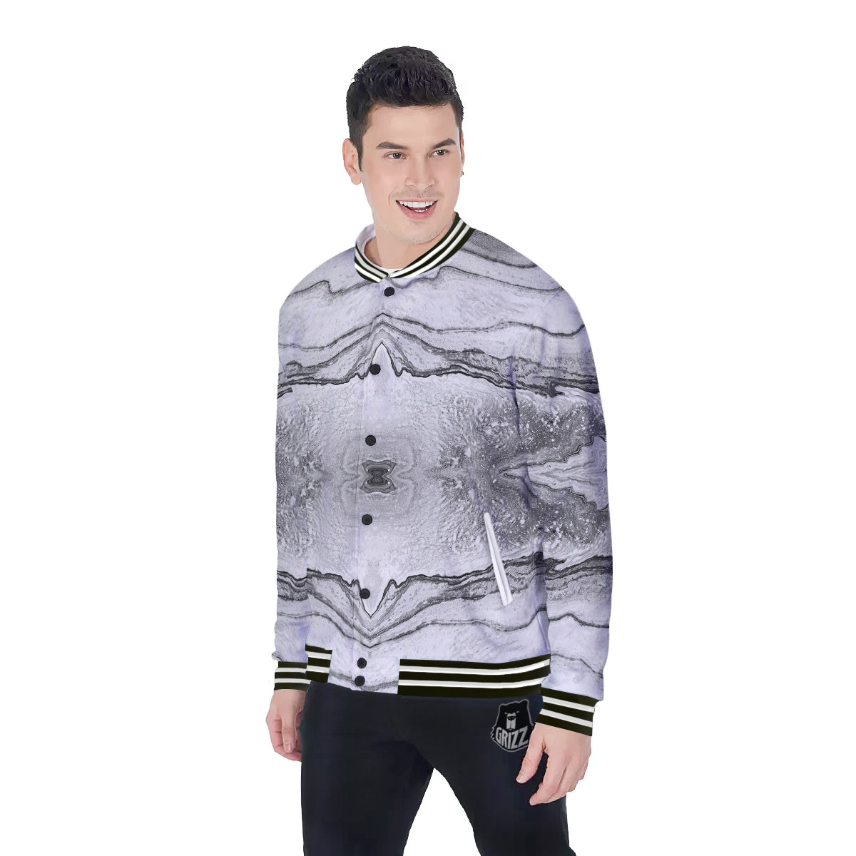 Marble White Gray Print Pattern Baseball Jacket-grizzshop