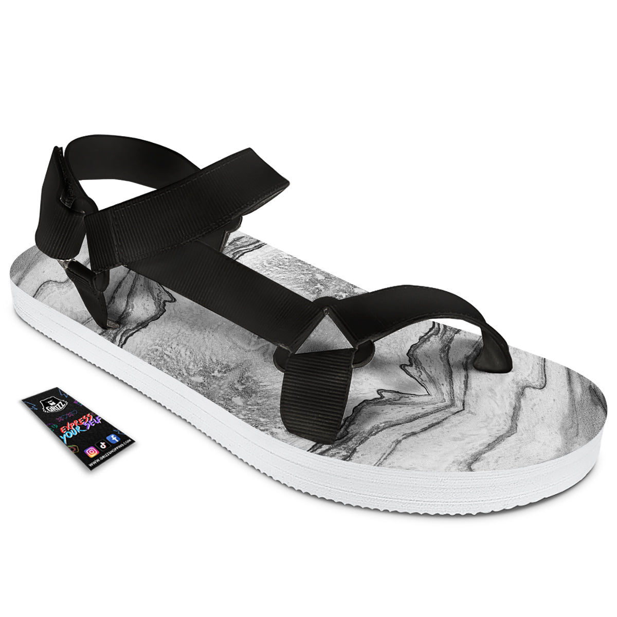 Marble White Gray Print Pattern Black Open Toe Sandals-grizzshop