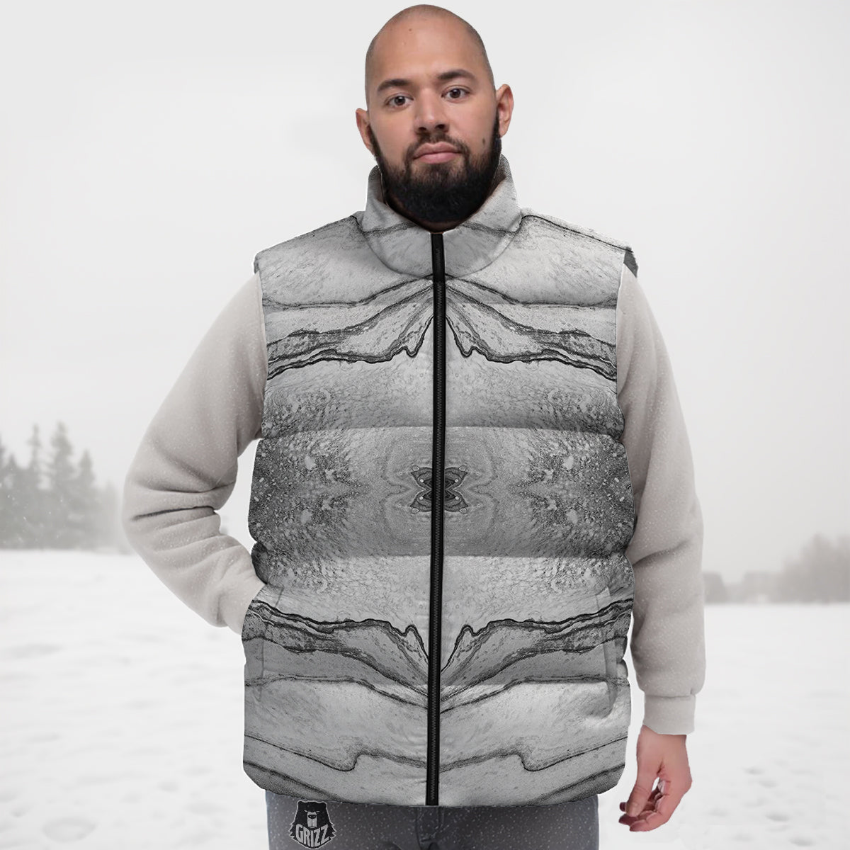 Marble White Gray Print Pattern Down Vest-grizzshop