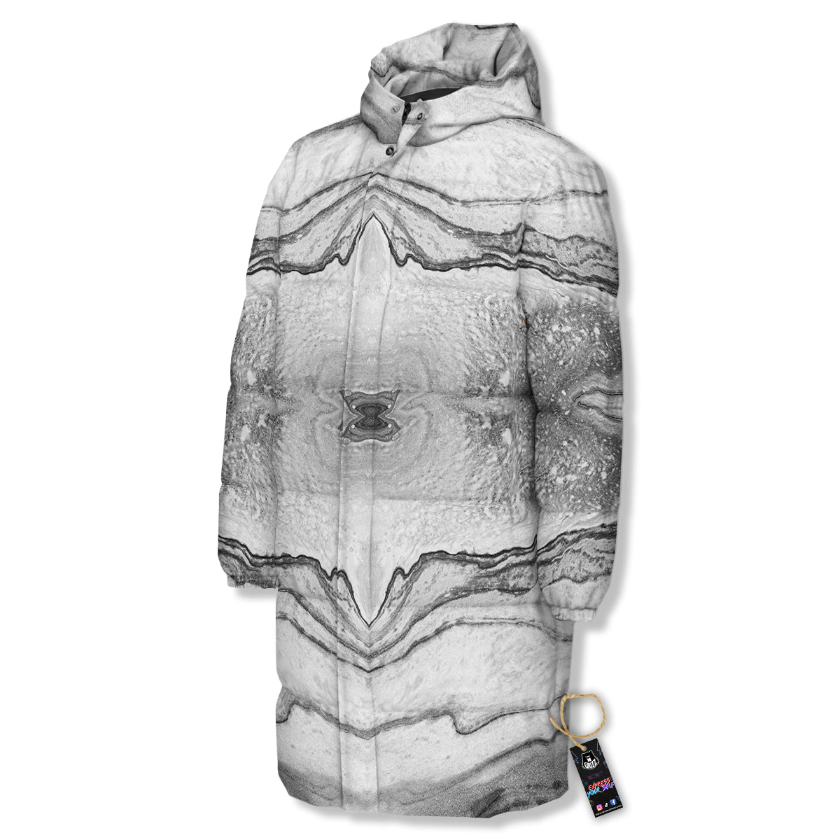 Marble White Gray Print Pattern Long Down Jacket-grizzshop