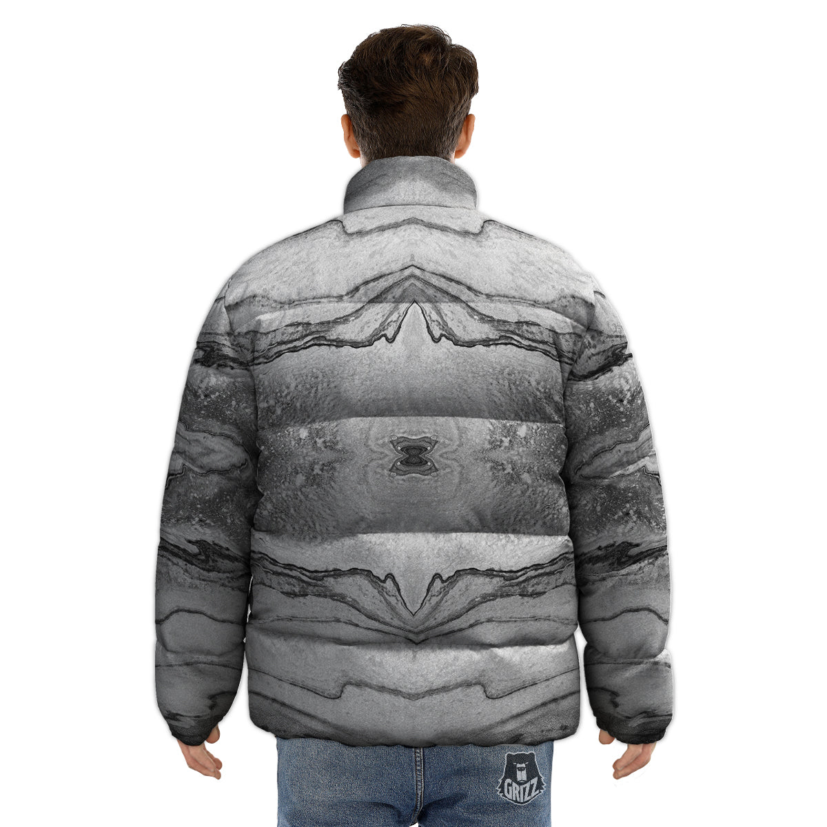 Marble White Gray Print Pattern Puffer Jacket-grizzshop