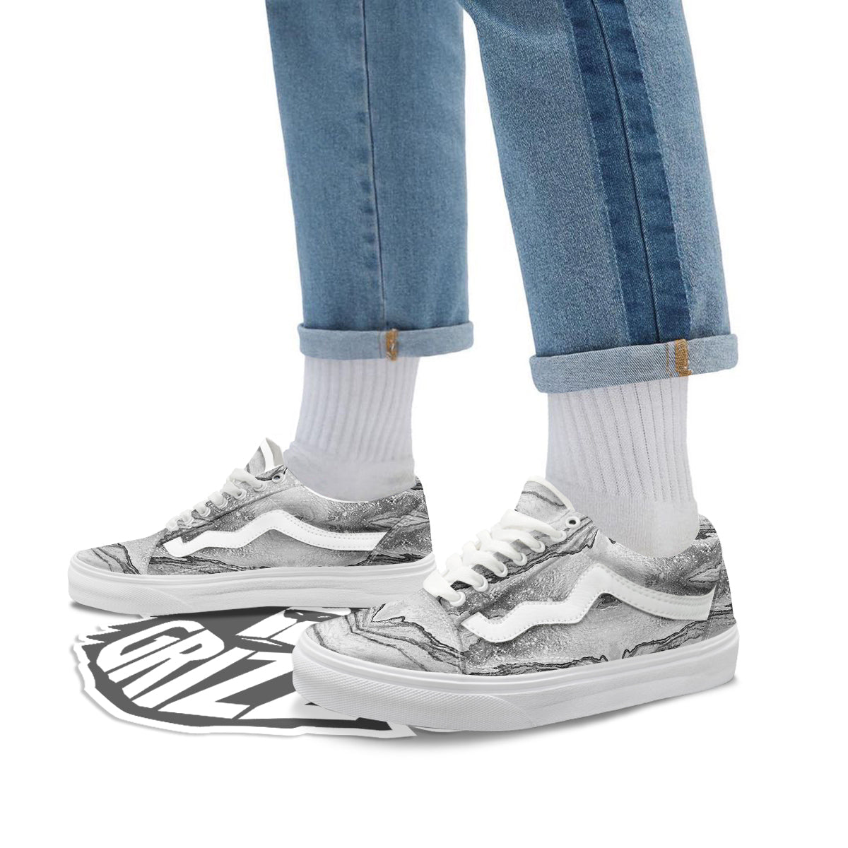 Marble White Gray Print Pattern Skate Shoes-grizzshop
