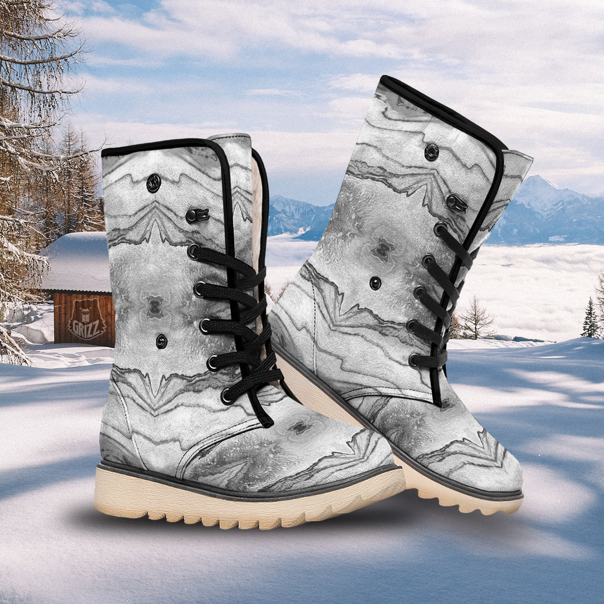 Marble White Gray Print Pattern Snow Boots-grizzshop