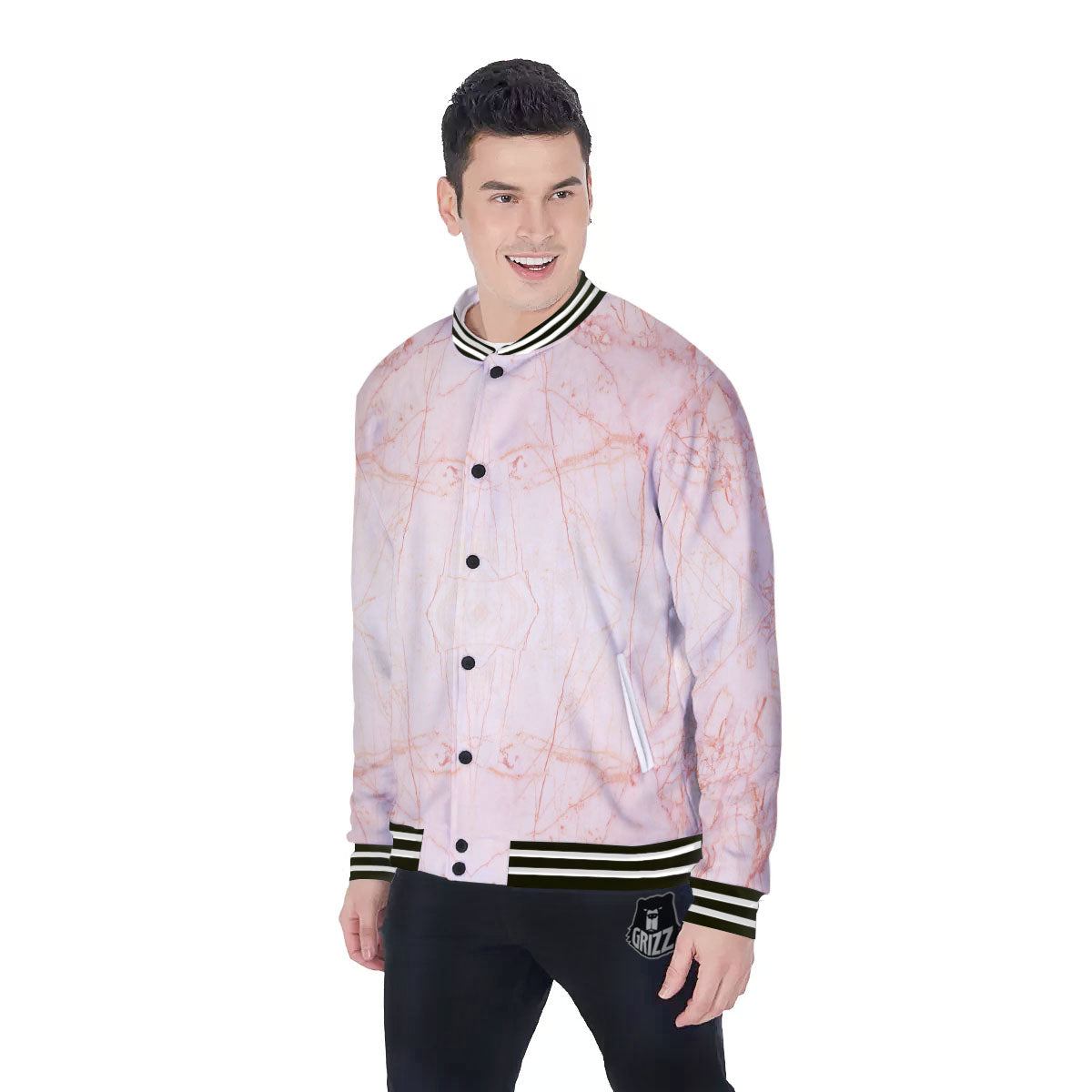 Marble White Pink Print Pattern Baseball Jacket-grizzshop