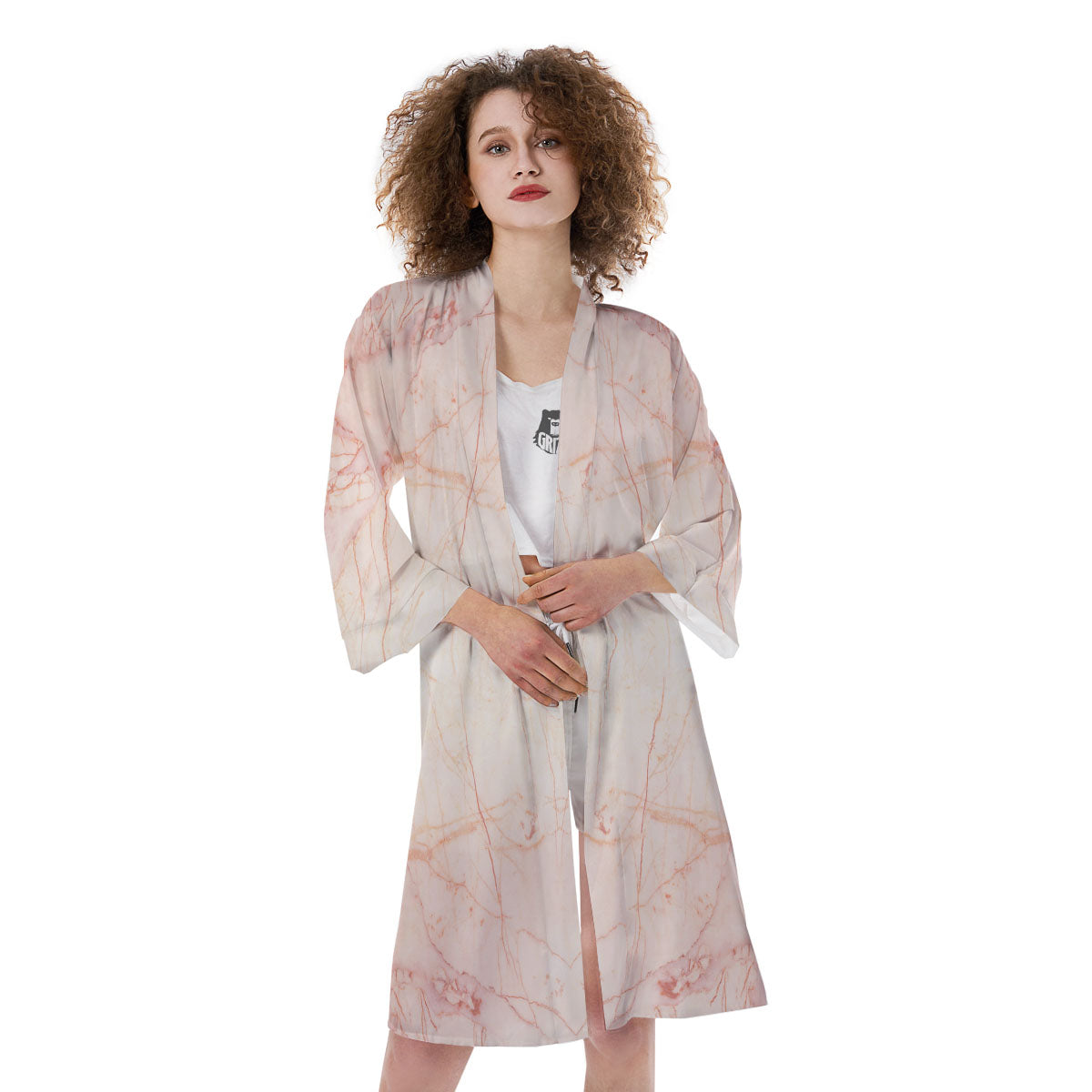 Marble White Pink Print Pattern Kimono-grizzshop