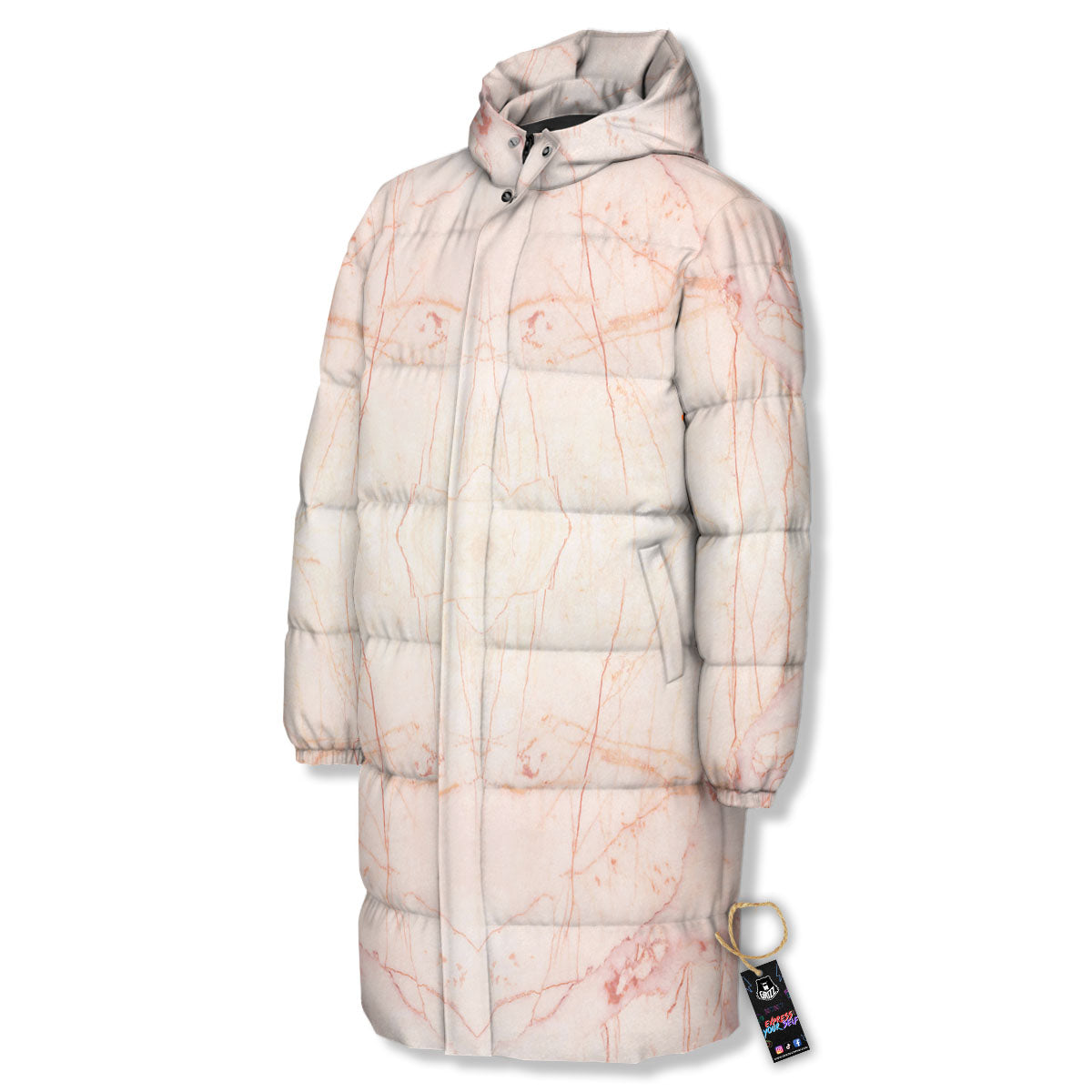 Marble White Pink Print Pattern Long Down Jacket-grizzshop