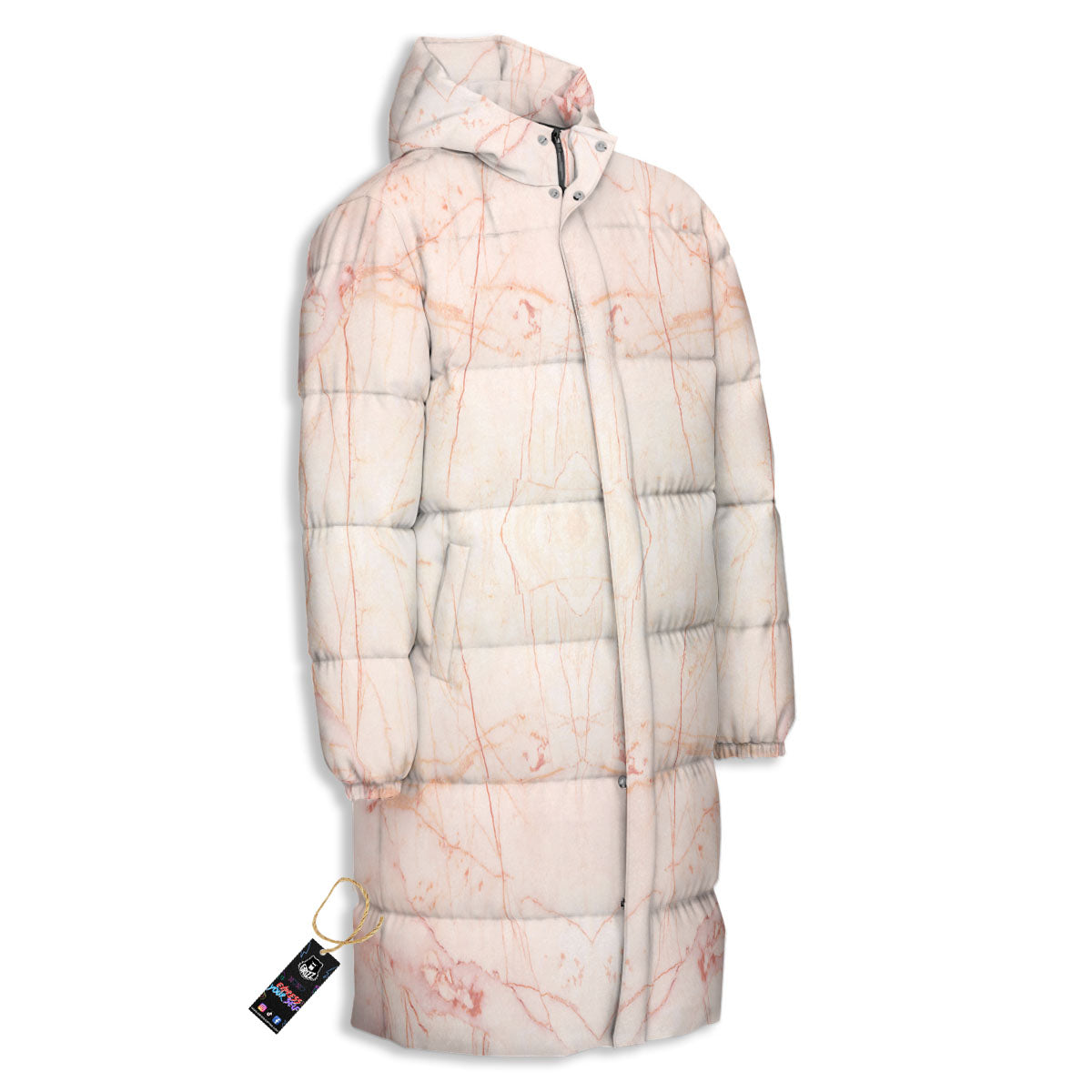 Marble White Pink Print Pattern Long Down Jacket-grizzshop