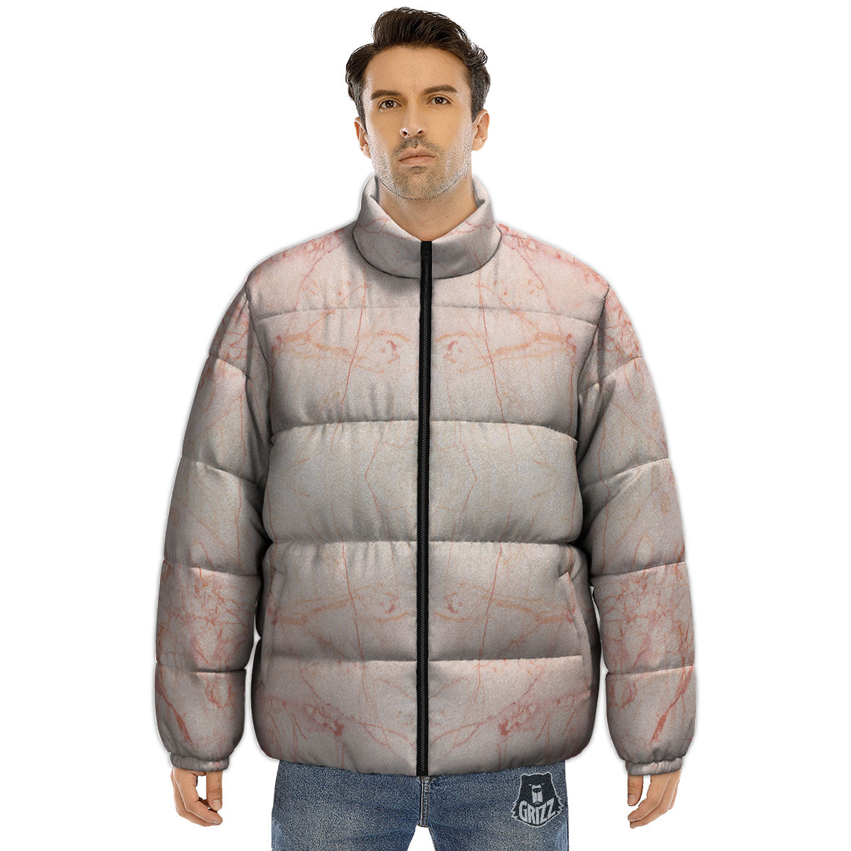 Marble White Pink Print Pattern Puffer Jacket-grizzshop