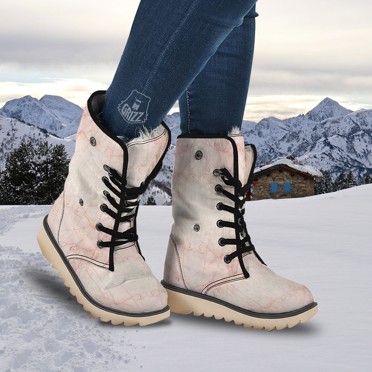 Marble White Pink Print Pattern Snow Boots-grizzshop
