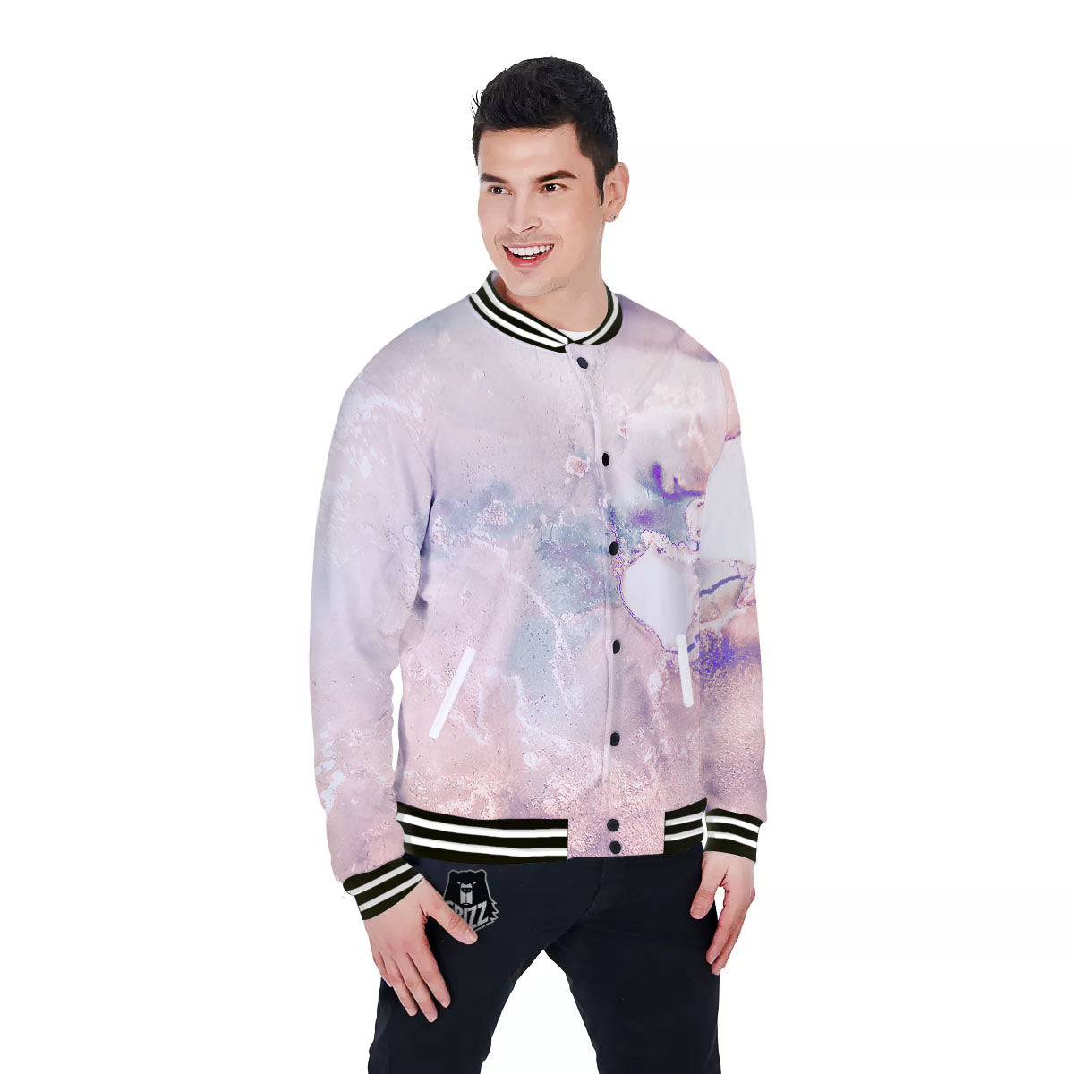 Marble White Ruby Print Baseball Jacket-grizzshop
