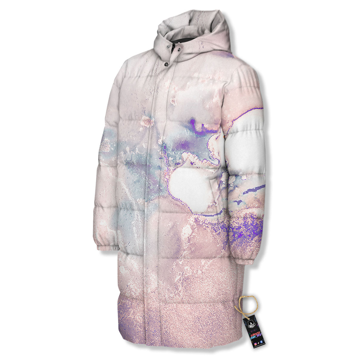 Marble White Ruby Print Long Down Jacket-grizzshop