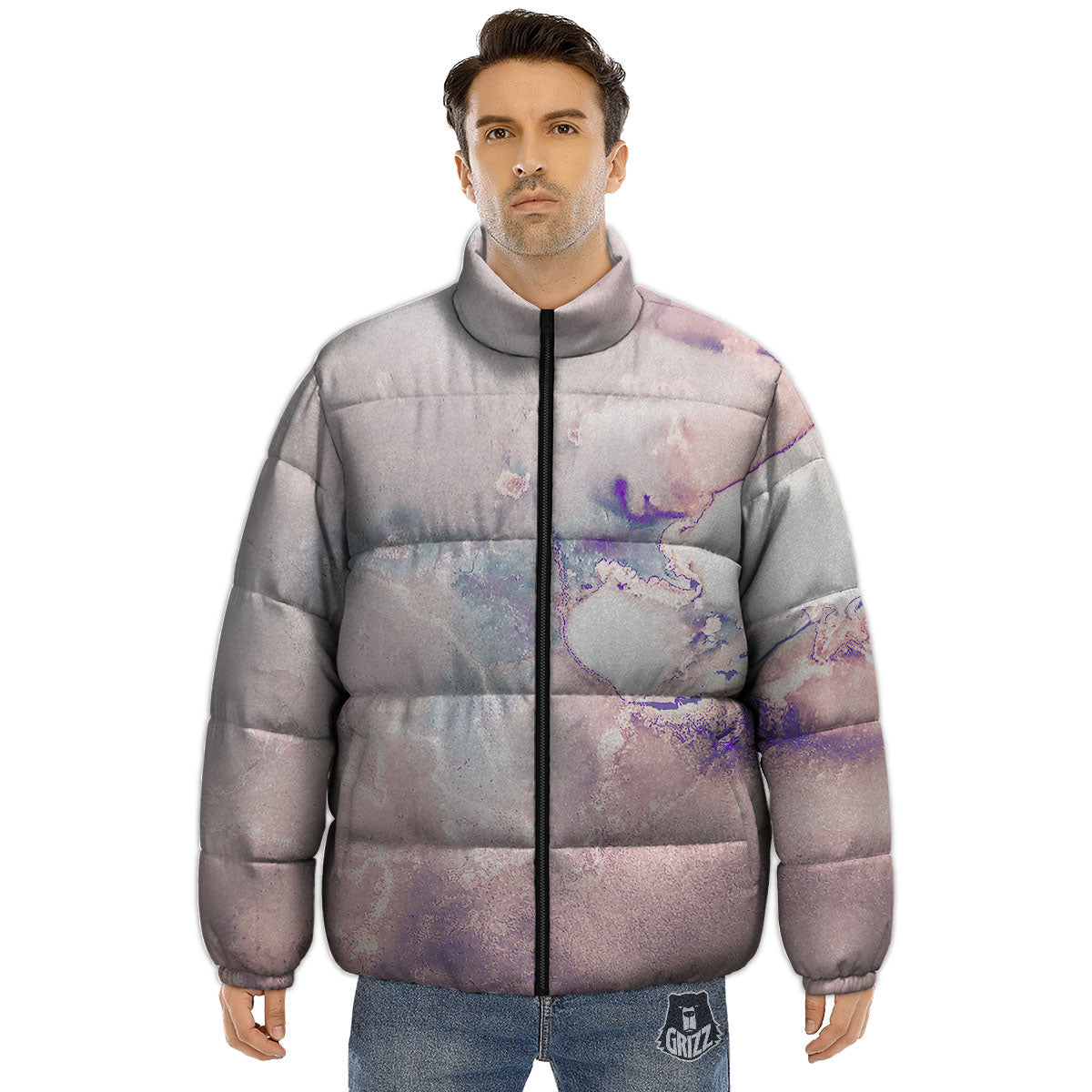 Marble White Ruby Print Puffer Jacket-grizzshop
